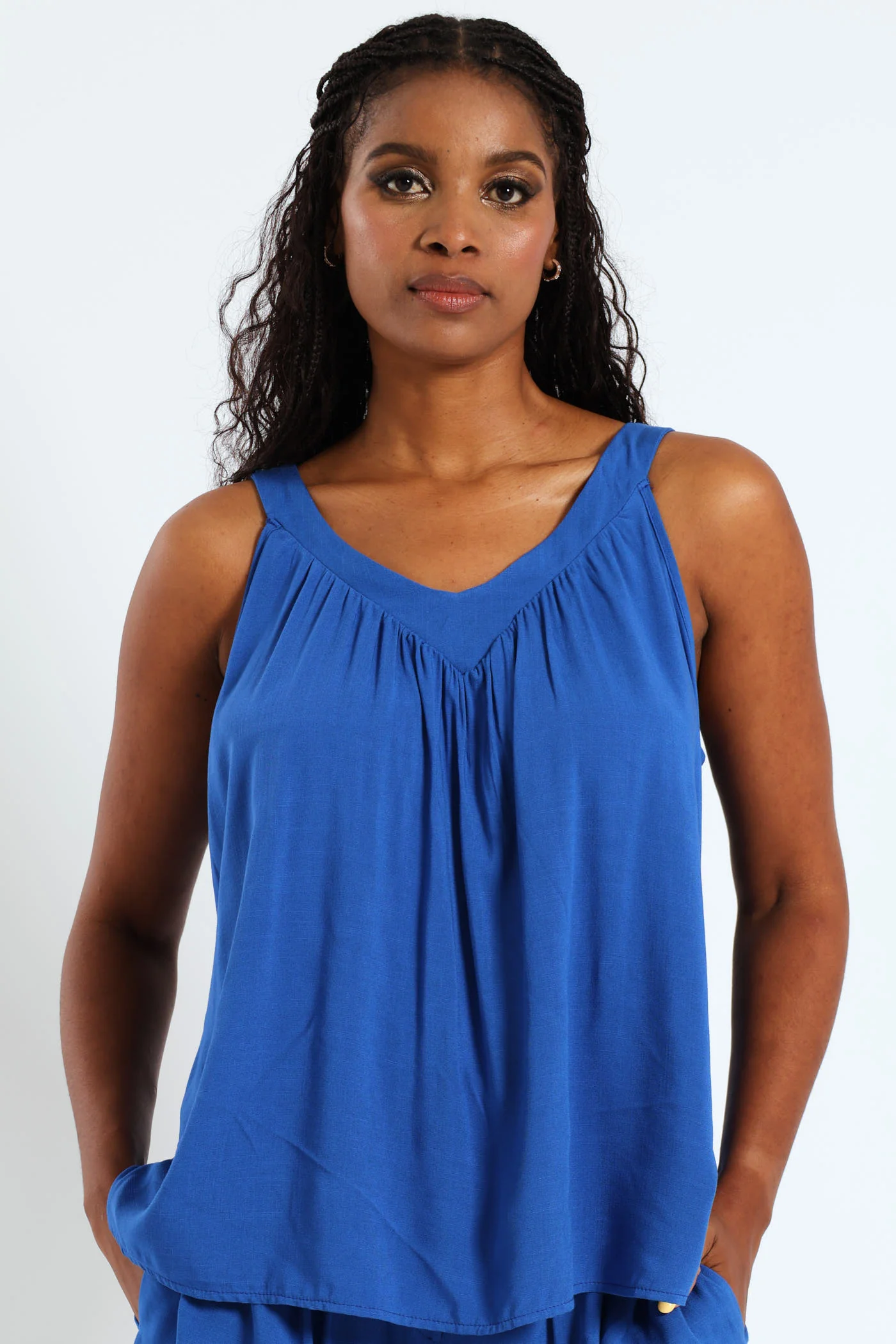 V-Neck Tie Back Linen Cami With Pintuck Detail - Cobalt - Image 2