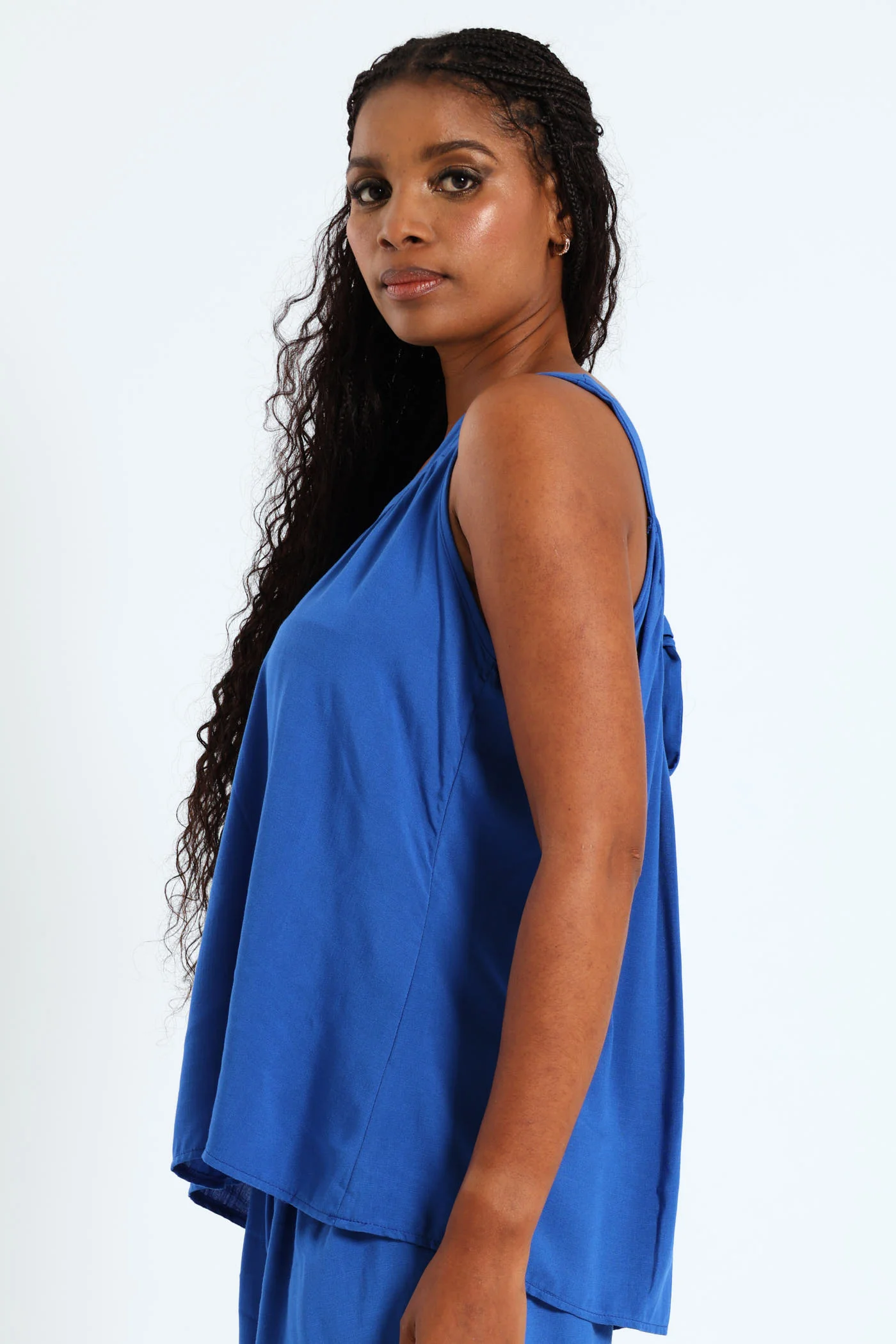 V-Neck Tie Back Linen Cami With Pintuck Detail - Cobalt - Image 3
