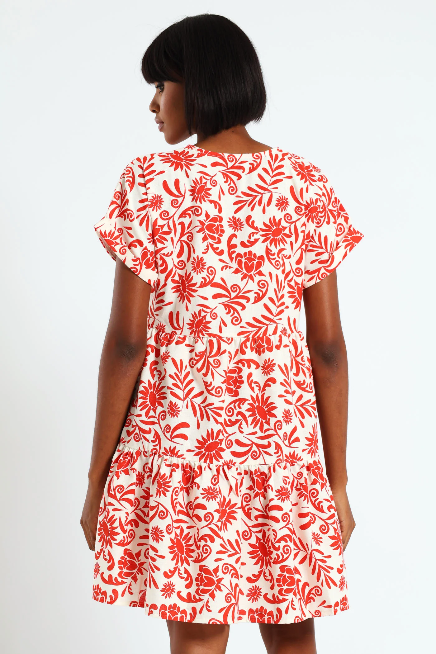 V-Neck Tiered Dress - White/Orange - Image 3