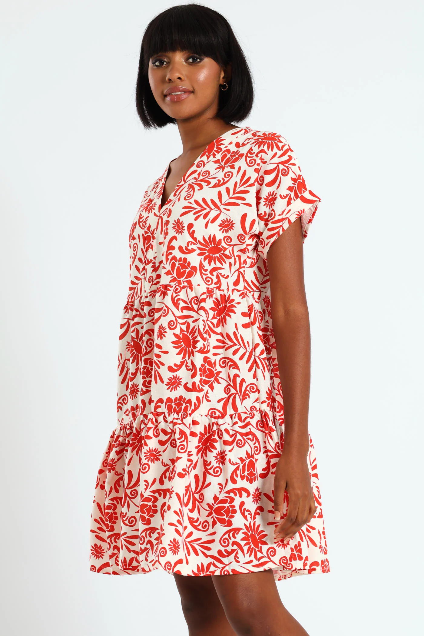 V-Neck Tiered Dress - White/Orange - Image 4