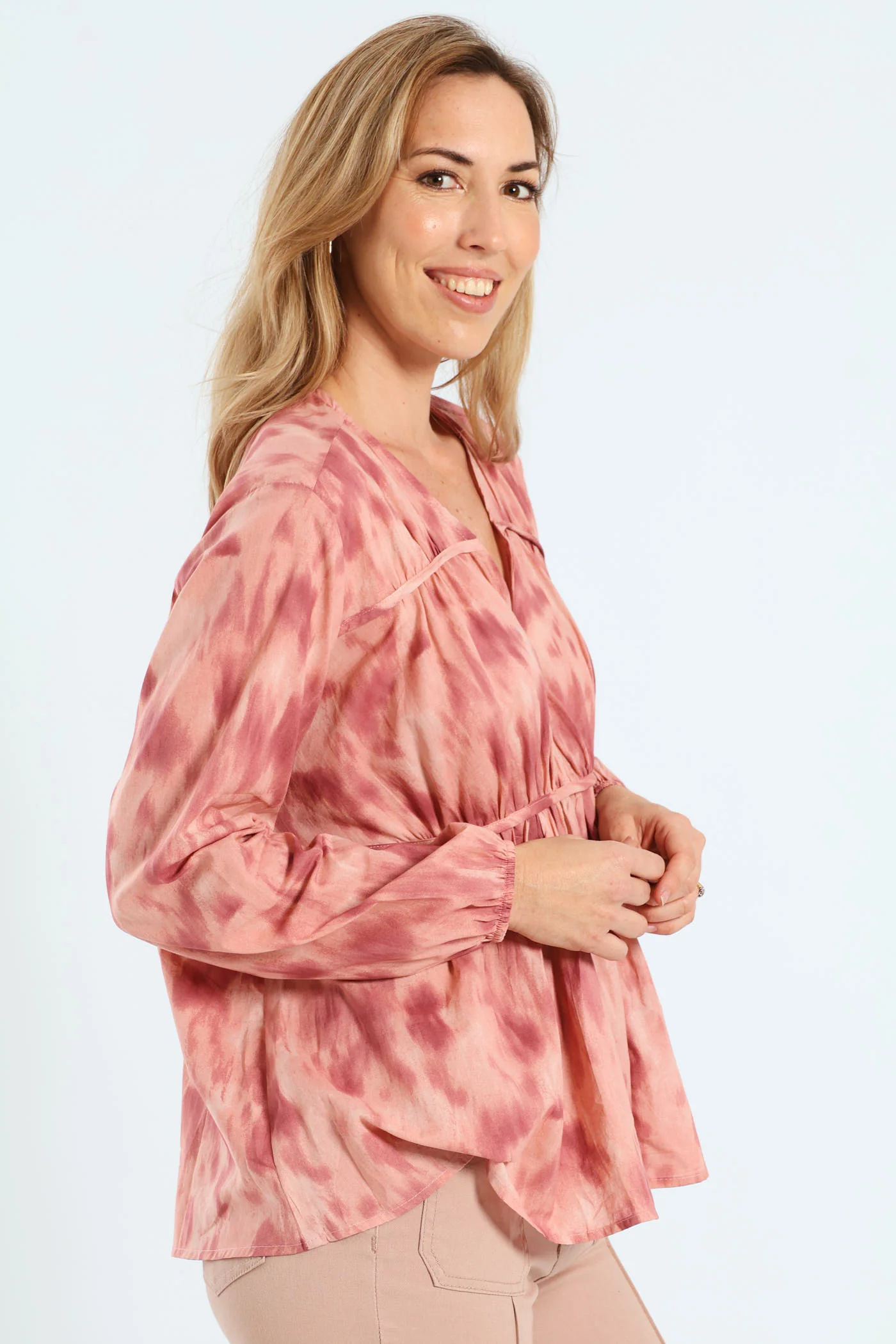 V-Neck Tiered Tent Babydoll Blouse - Blush - Image 2