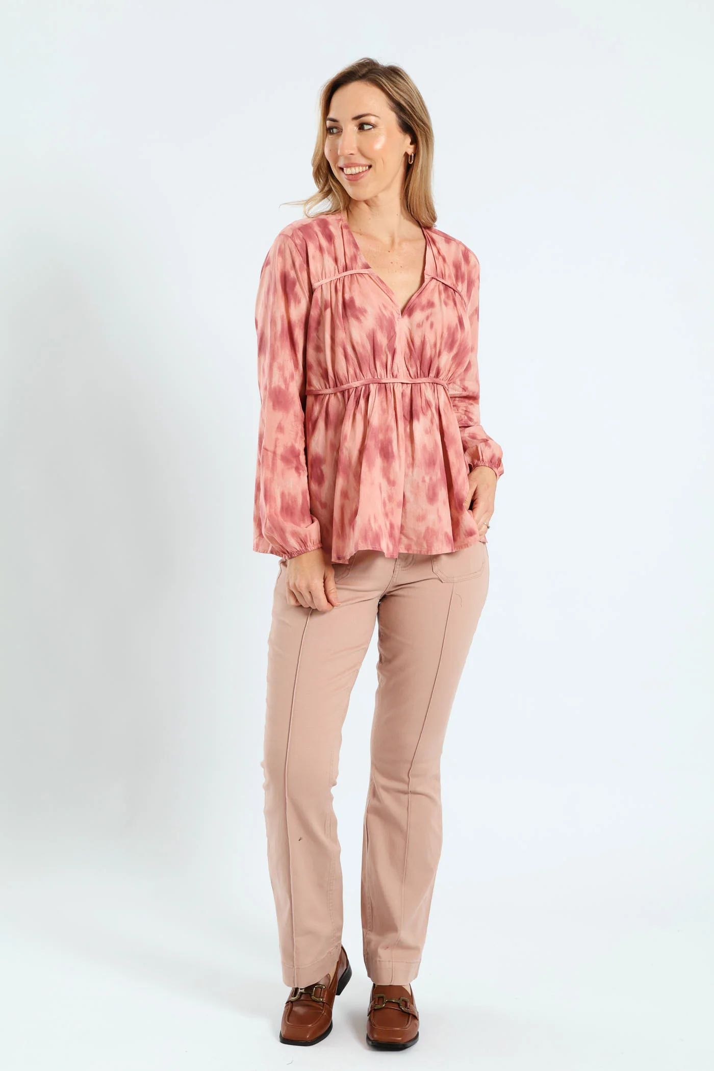 V-Neck Tiered Tent Babydoll Blouse - Blush - Image 5