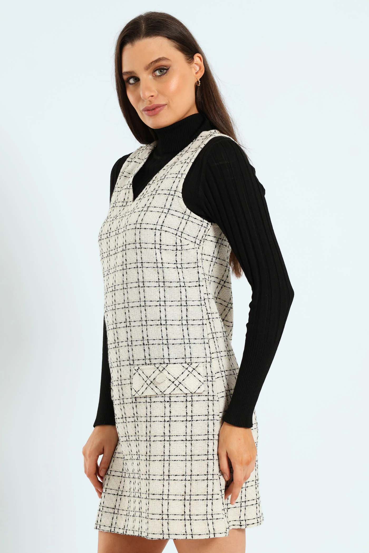 V-Neck Tweed Shift Dress - Cream/Black - Image 3