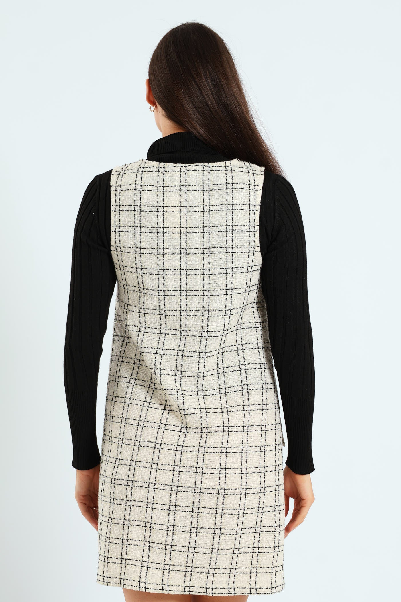 V-Neck Tweed Shift Dress - Cream/Black - Image 4