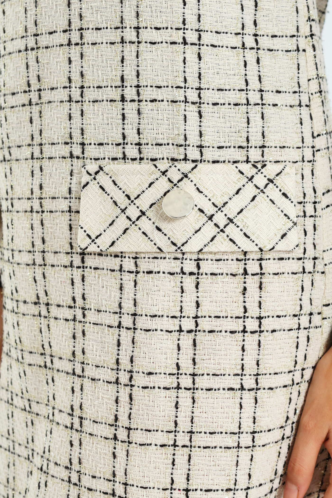 V-Neck Tweed Shift Dress - Cream/Black - Image 5