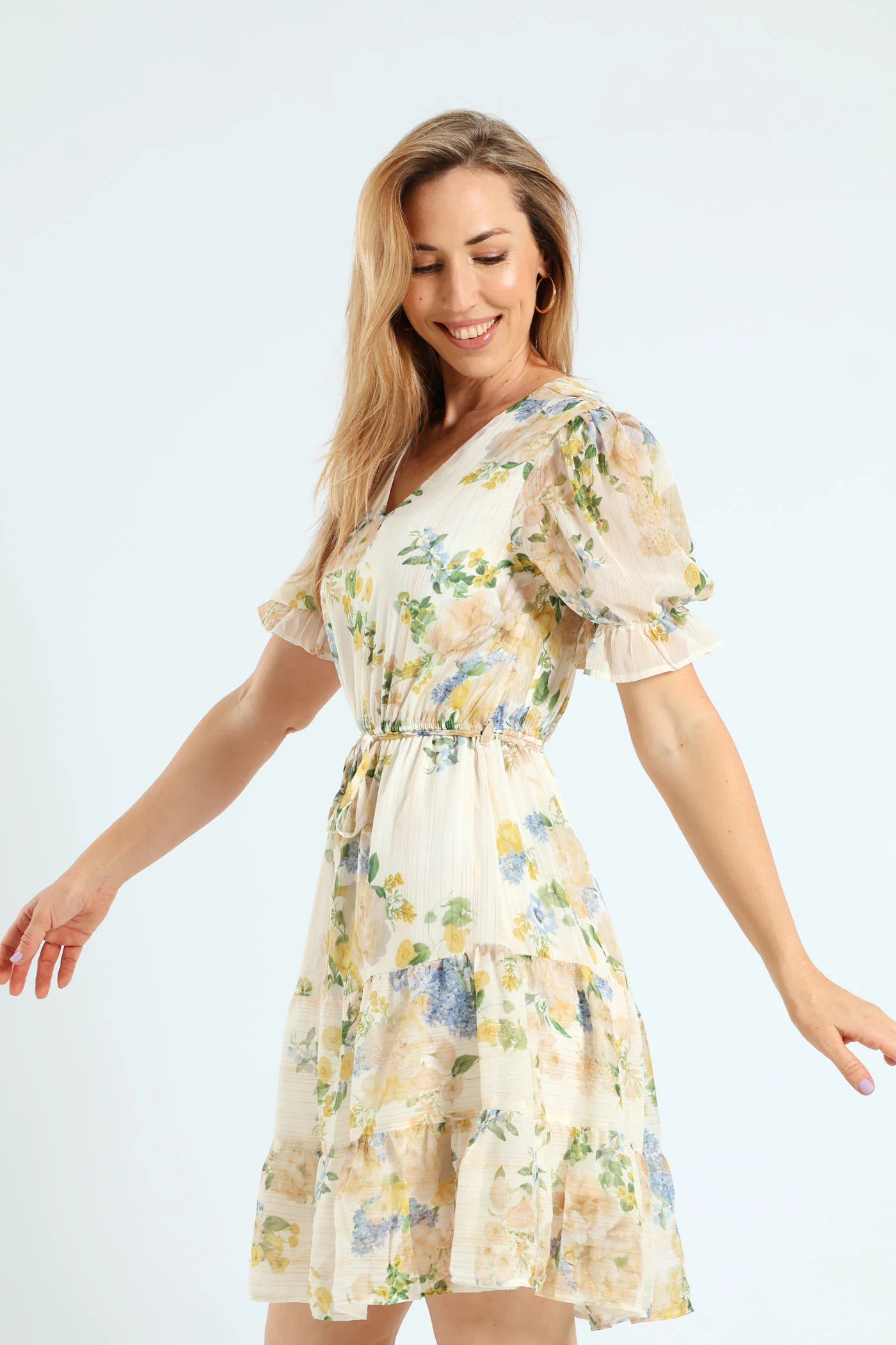 V-Neck Waisted Floral Frill Hem Tea Dress - Cream - Image 3