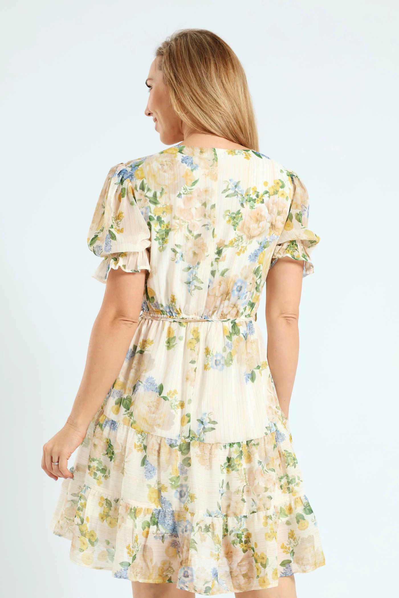 V-Neck Waisted Floral Frill Hem Tea Dress - Cream - Image 4
