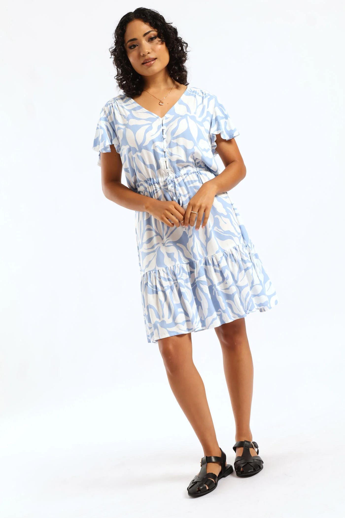 V-Neck Waisted Frill Hem Dress - White/Light Blue - Image 3
