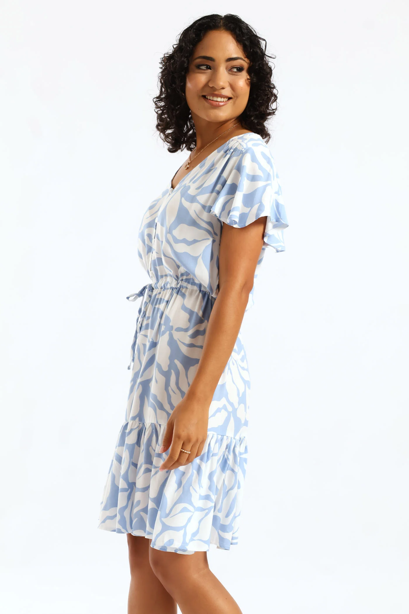V-Neck Waisted Frill Hem Dress - White/Light Blue - Image 4