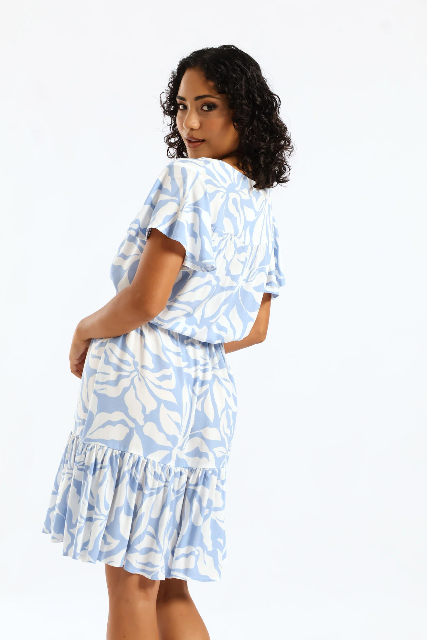 V-Neck Waisted Frill Hem Dress - White/Light Blue - Image 5