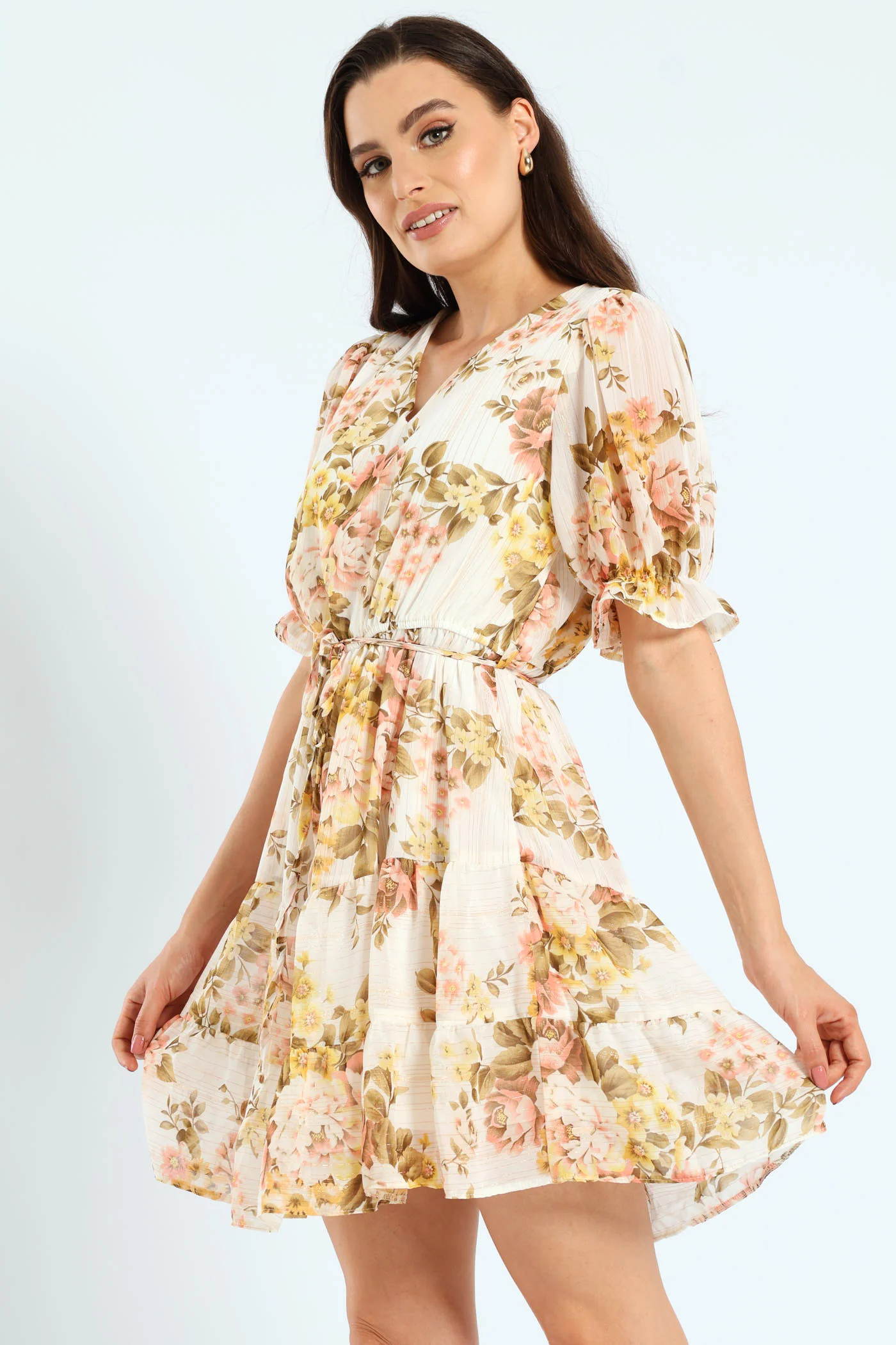 V-Neck Waisted Frill Hem Tea Dress - Blush - Image 2