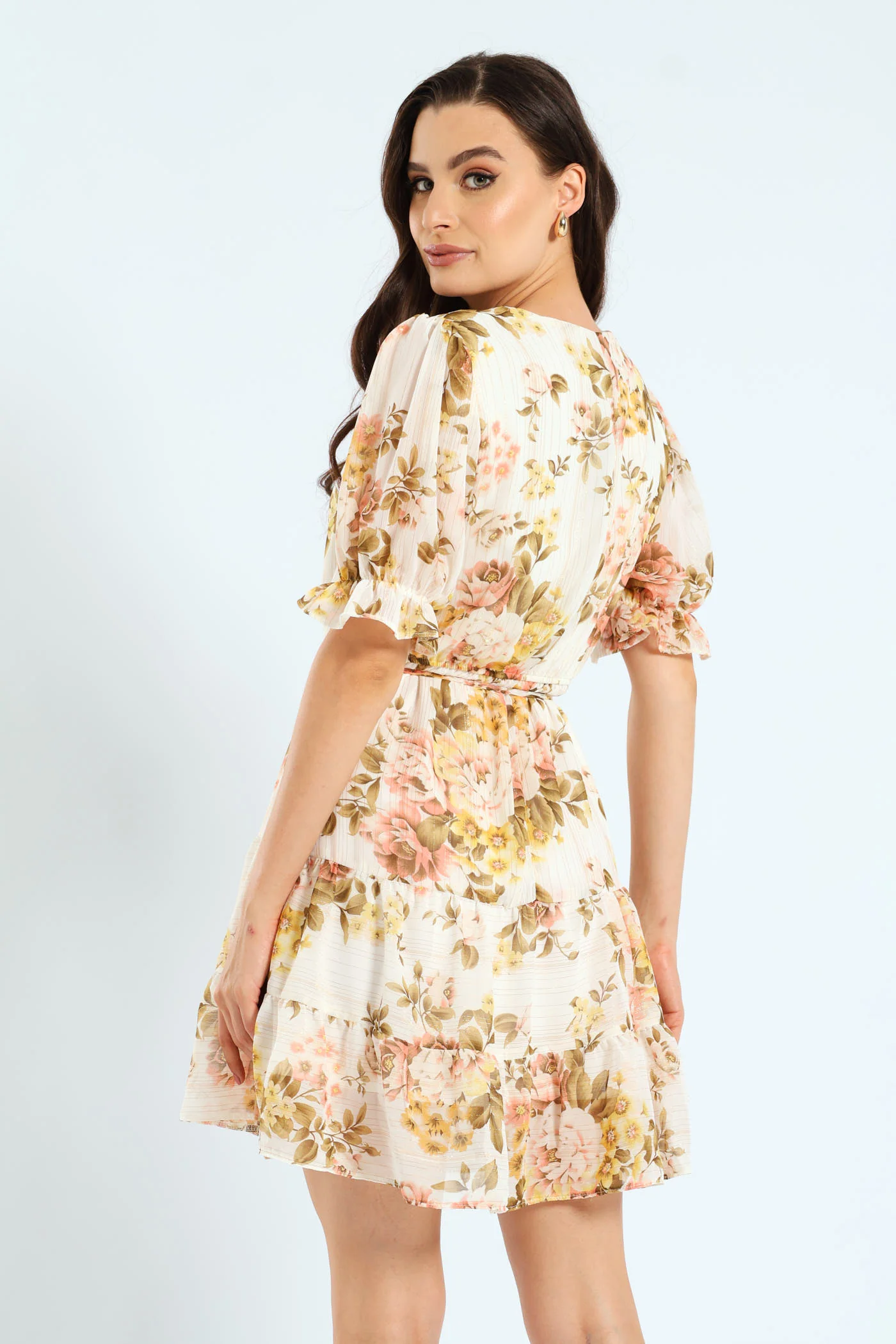 V-Neck Waisted Frill Hem Tea Dress - Blush - Image 3