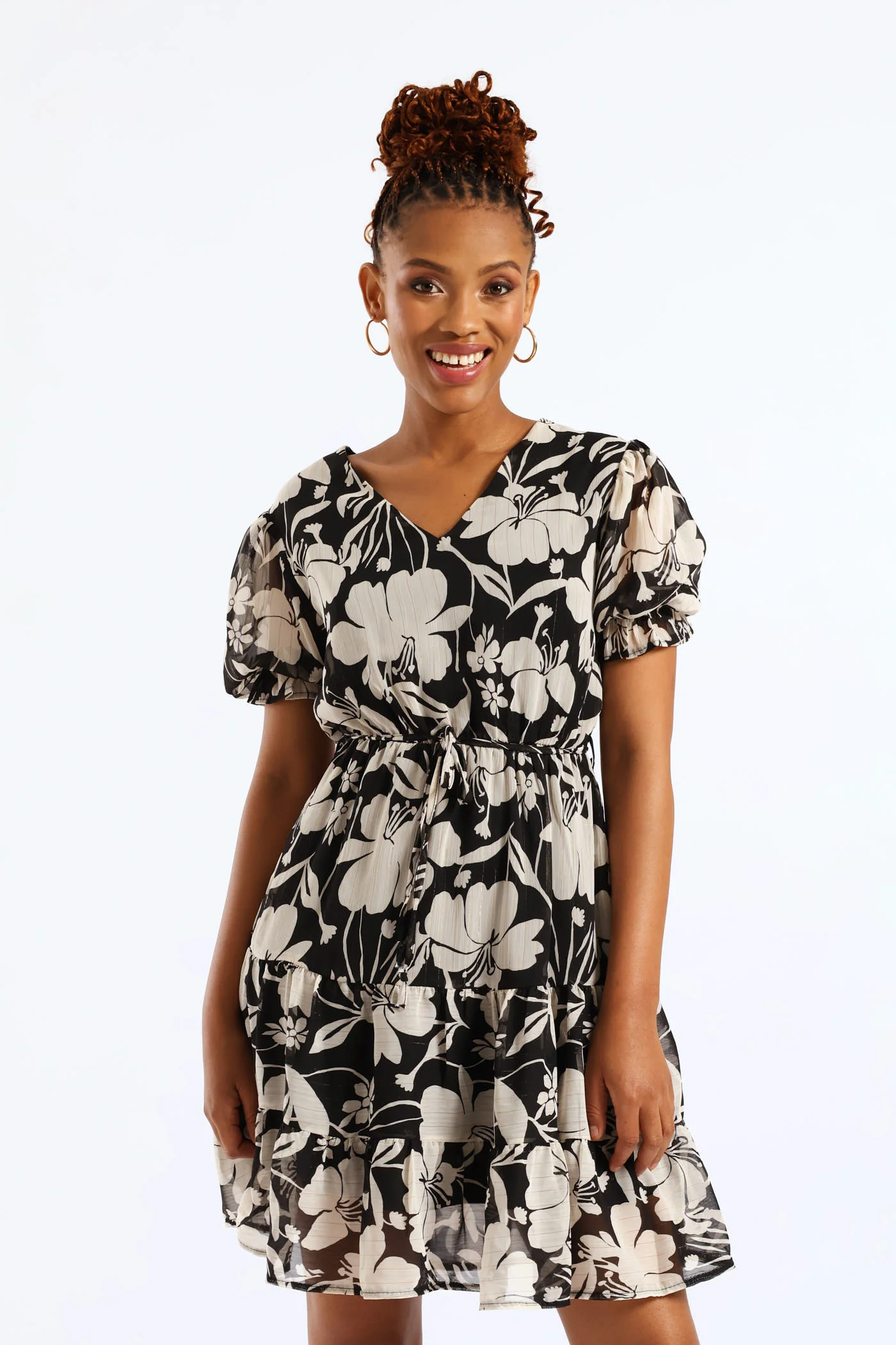 V-Neck Waisted Monochrome Frill Hem Tea Dress - Black/Cream - Image 2