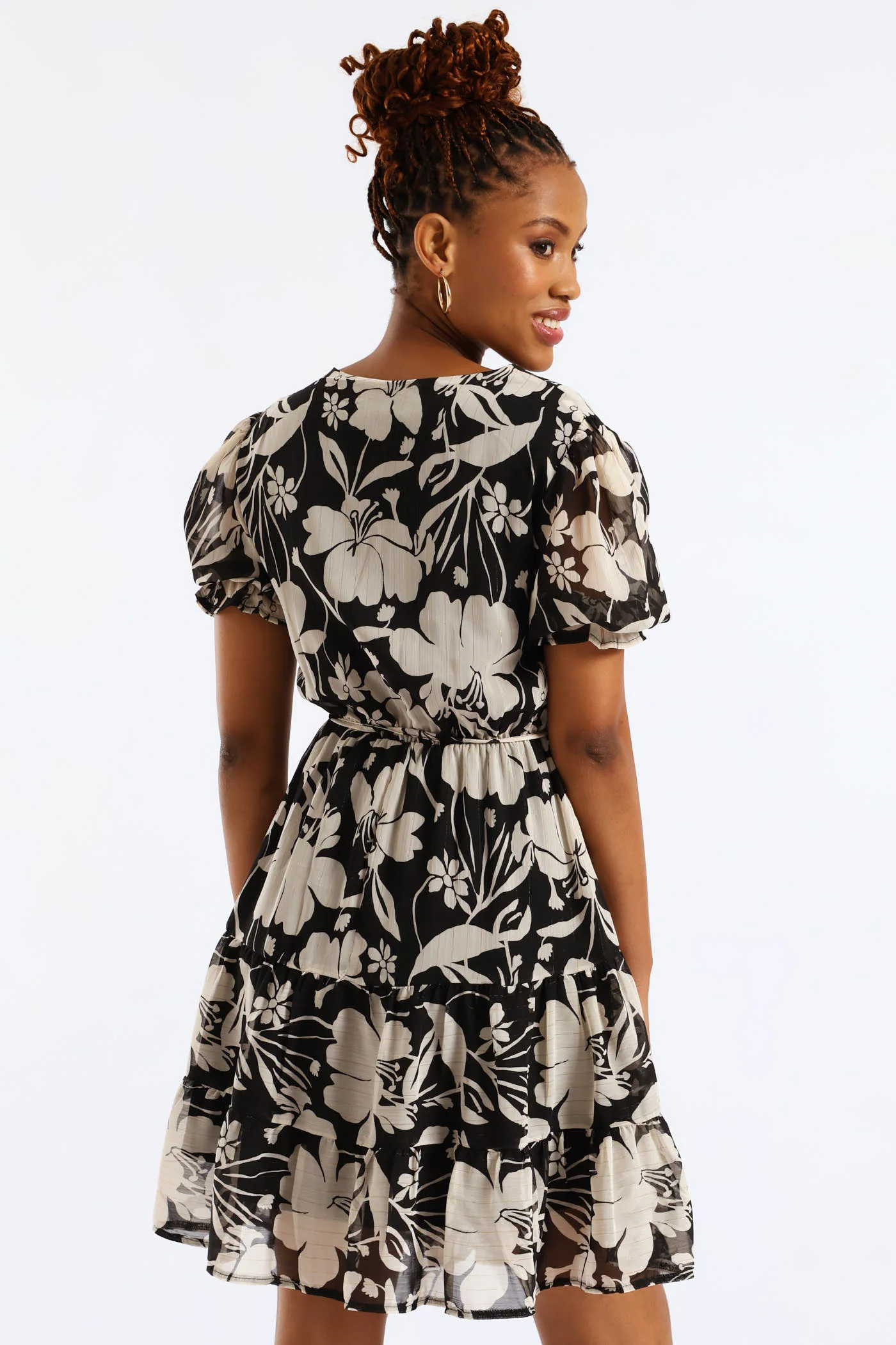 V-Neck Waisted Monochrome Frill Hem Tea Dress - Black/Cream - Image 4