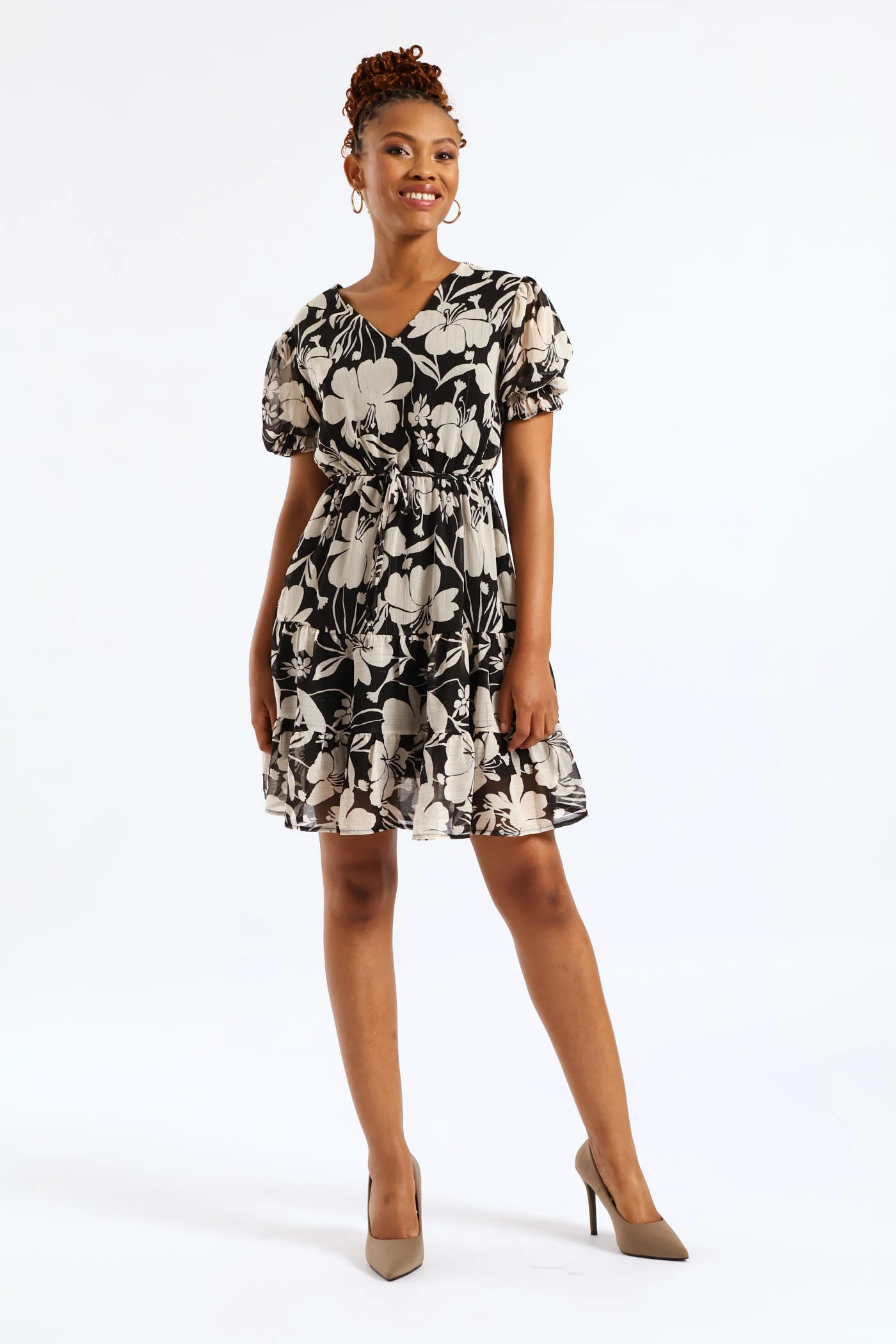 V-Neck Waisted Monochrome Frill Hem Tea Dress - Black/Cream - Image 7