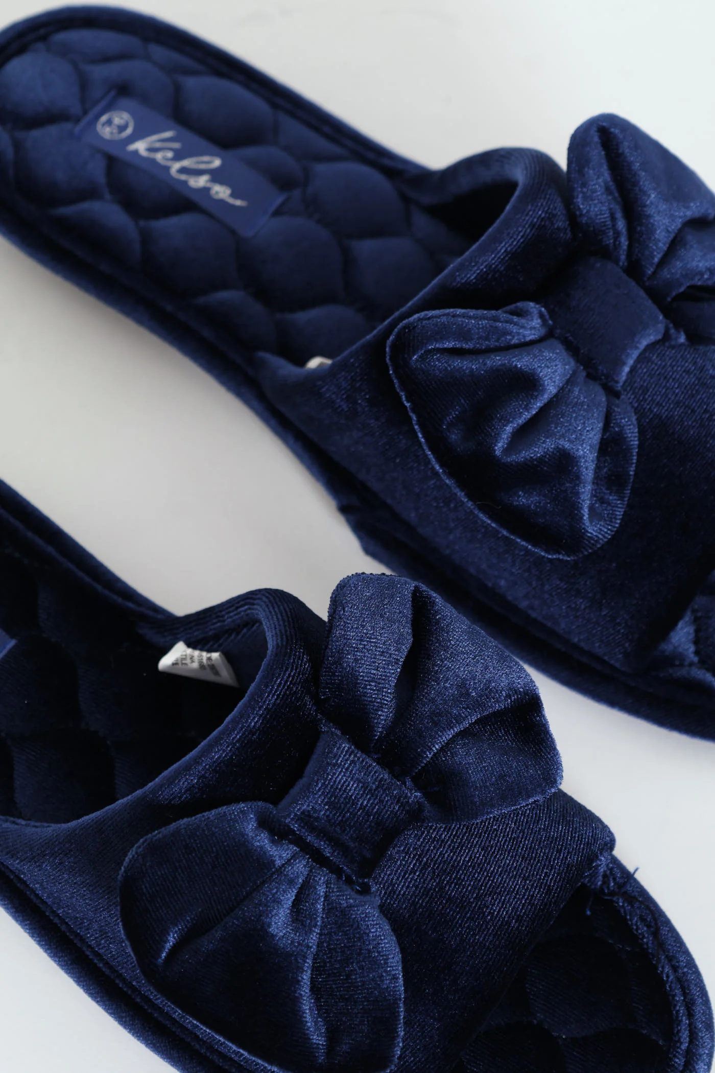 Velour Open Toe Slipper With Bow Detail - Navy - Image 2