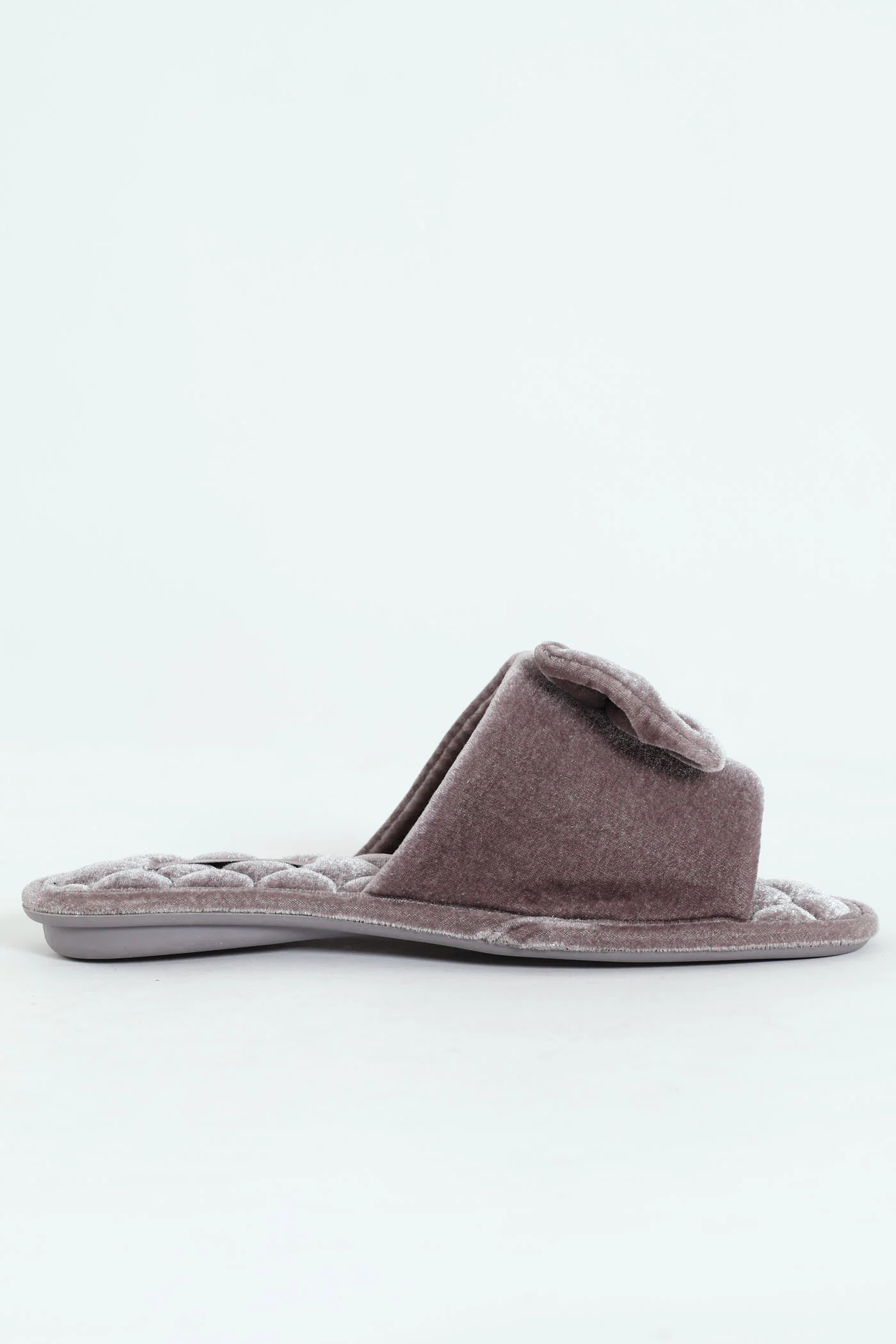 Velour Open Toe Slipper With Bow Detail - Grey - Image 3