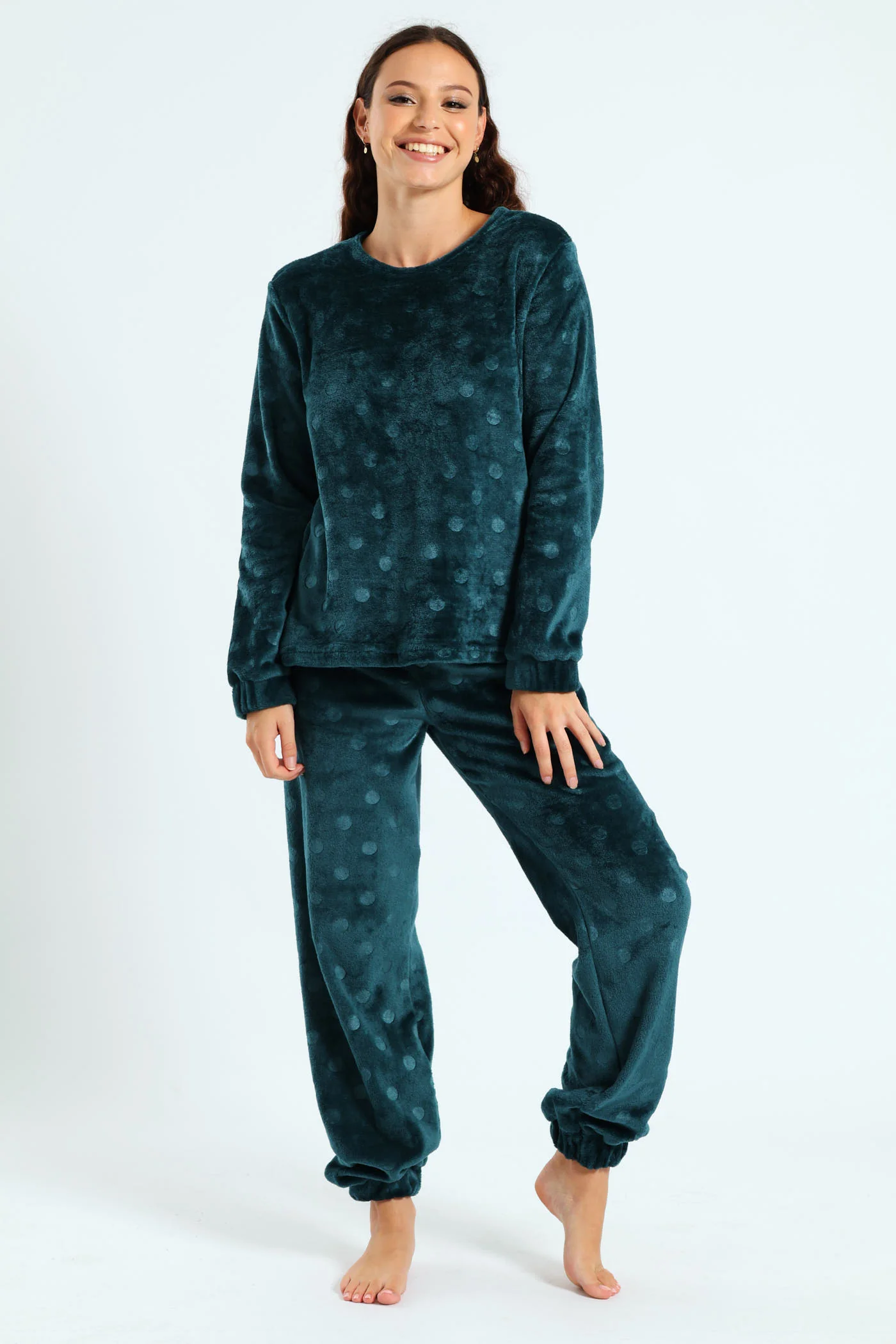 Velour Spot Embossed Long Sleeve Top & Pants Set - Dark Green - Image 3