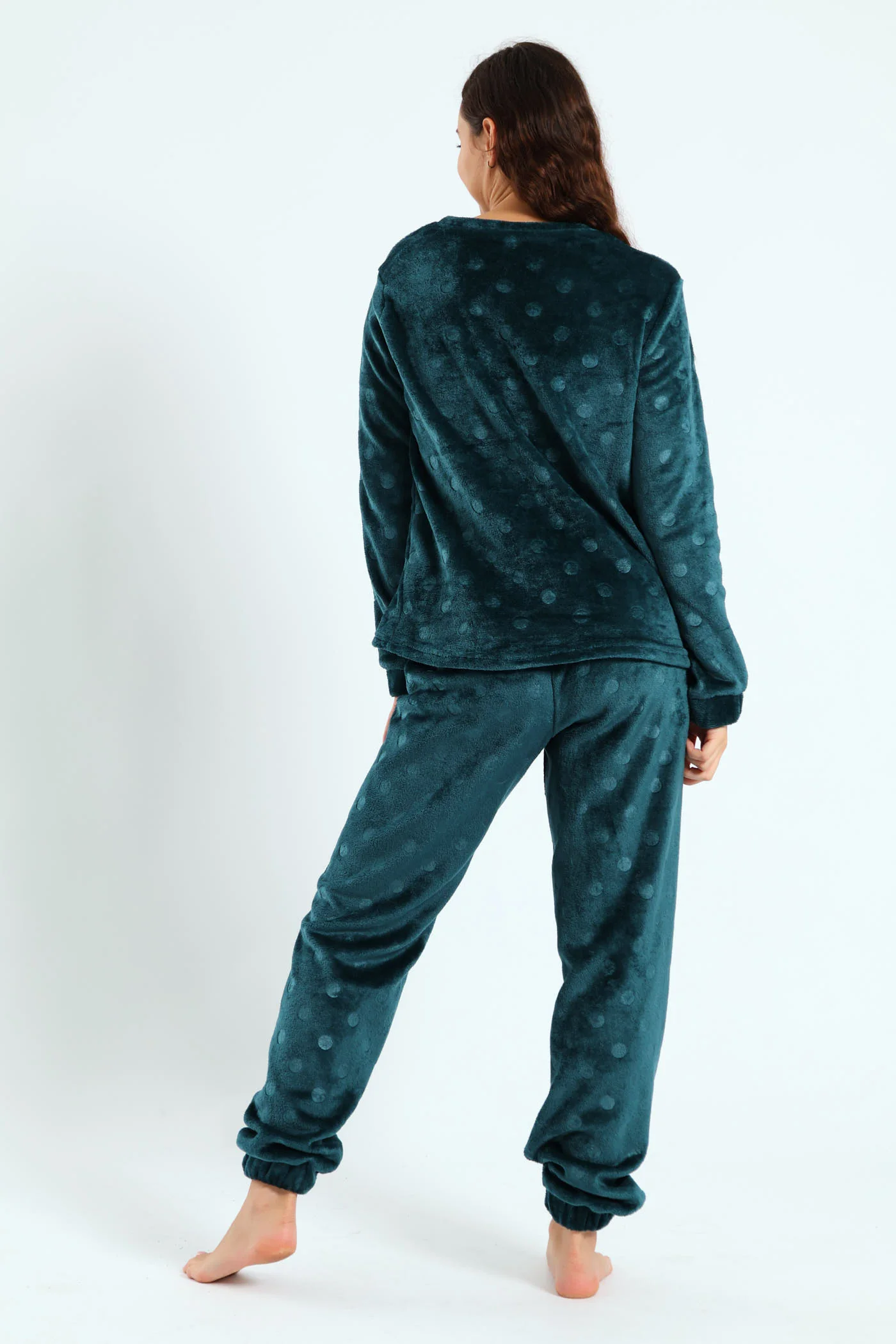 Velour Spot Embossed Long Sleeve Top & Pants Set - Dark Green - Image 4