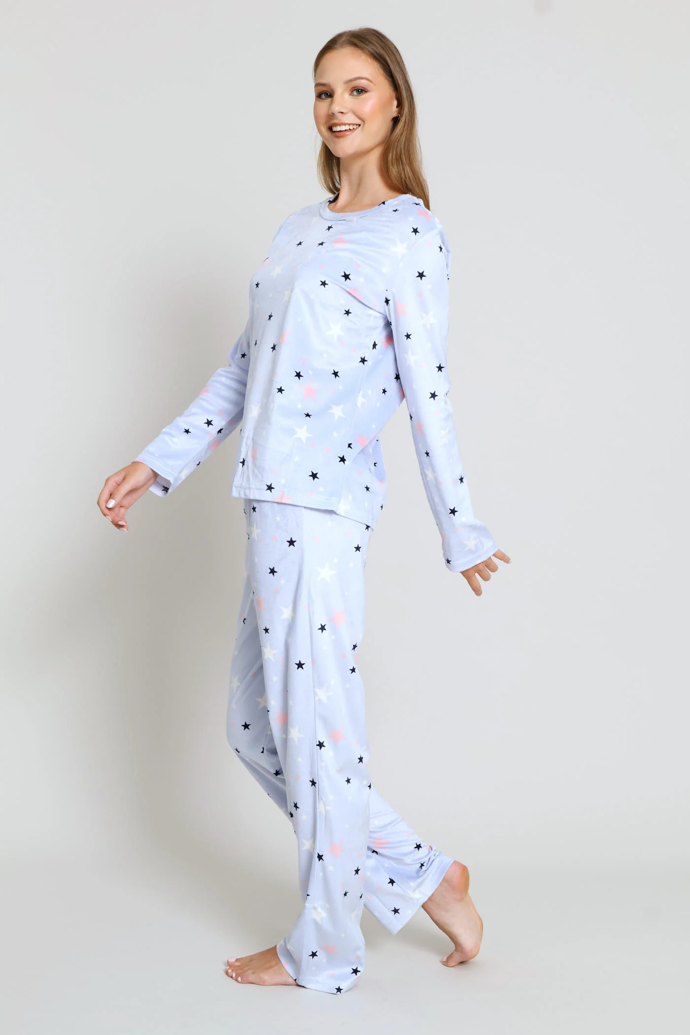Velour Stars Long Sleeve Top & Straight Leg Pant Set - Blue - Image 3