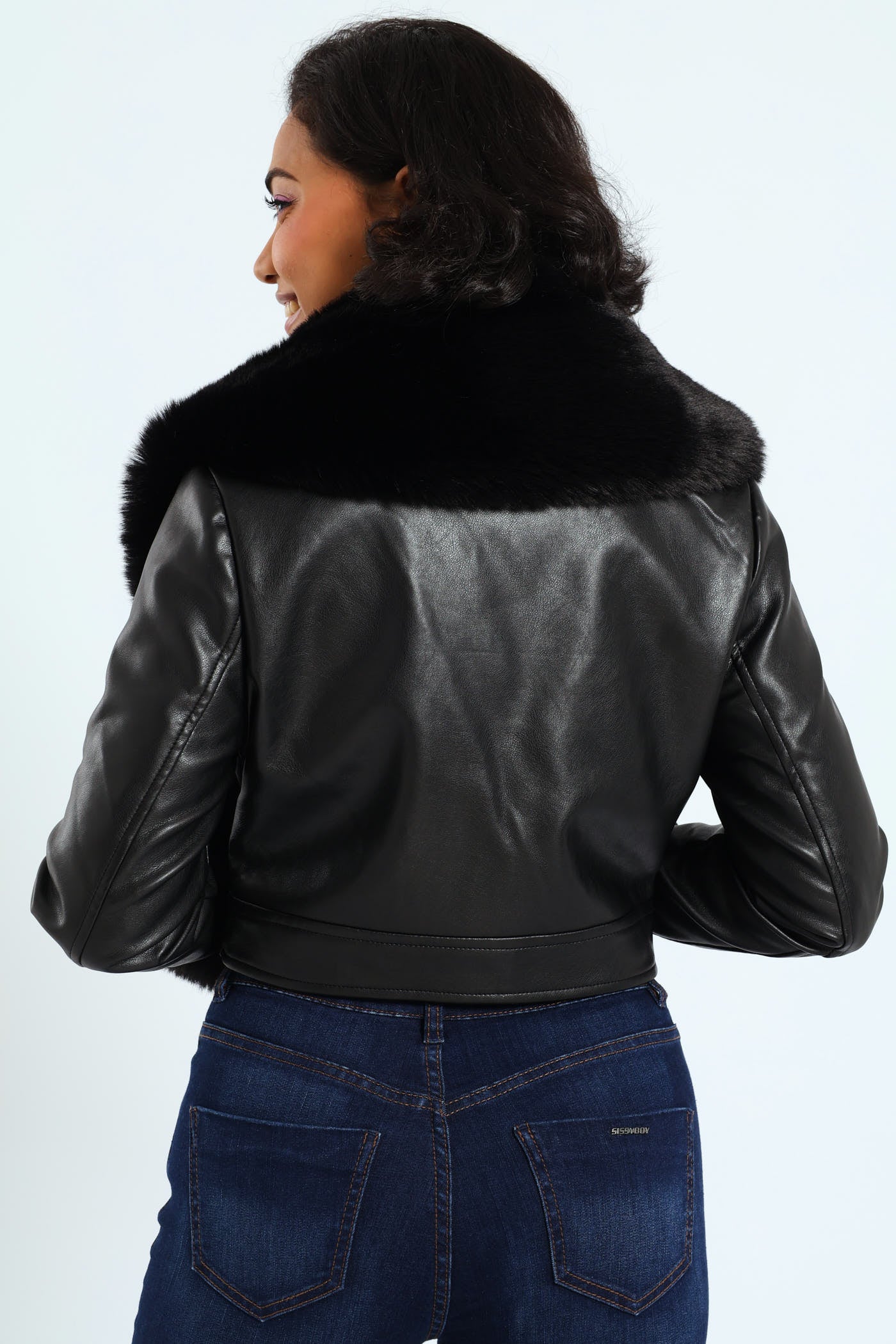 Vikki Faux Leather With Faux Fur Collar Jacket - Black - Image 2