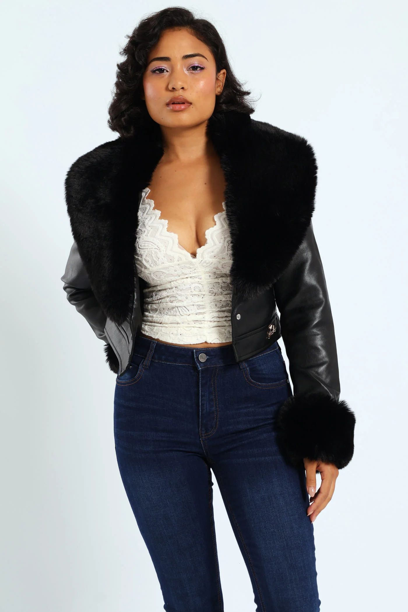 Vikki Faux Leather With Faux Fur Collar Jacket - Black - Image 3
