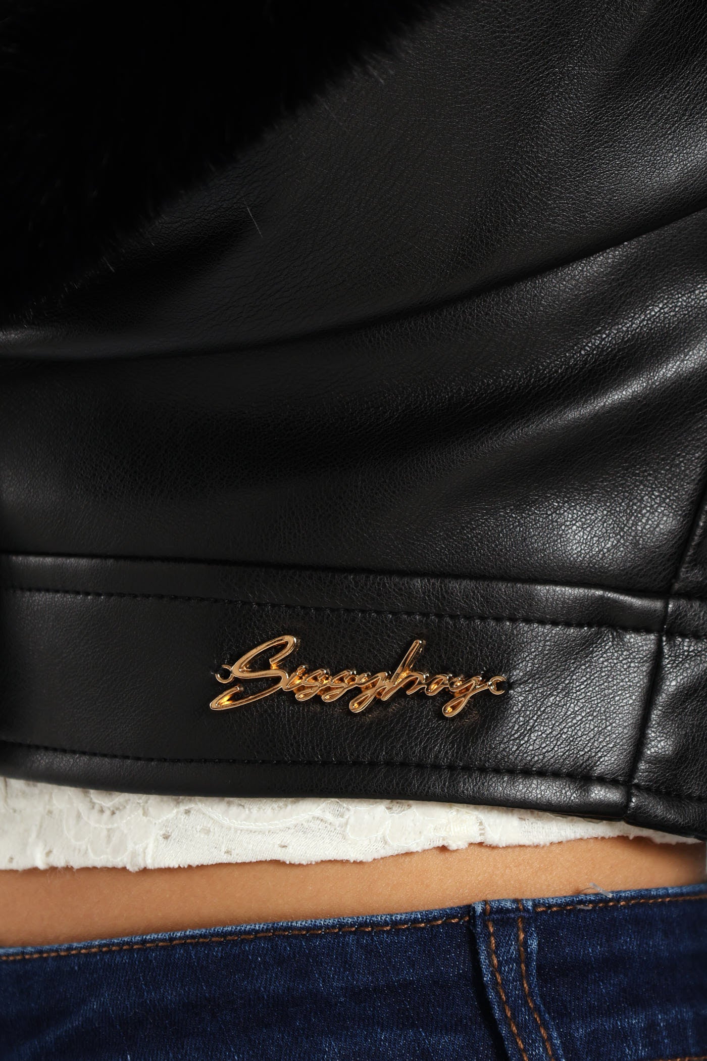 Vikki Faux Leather With Faux Fur Collar Jacket - Black - Image 4