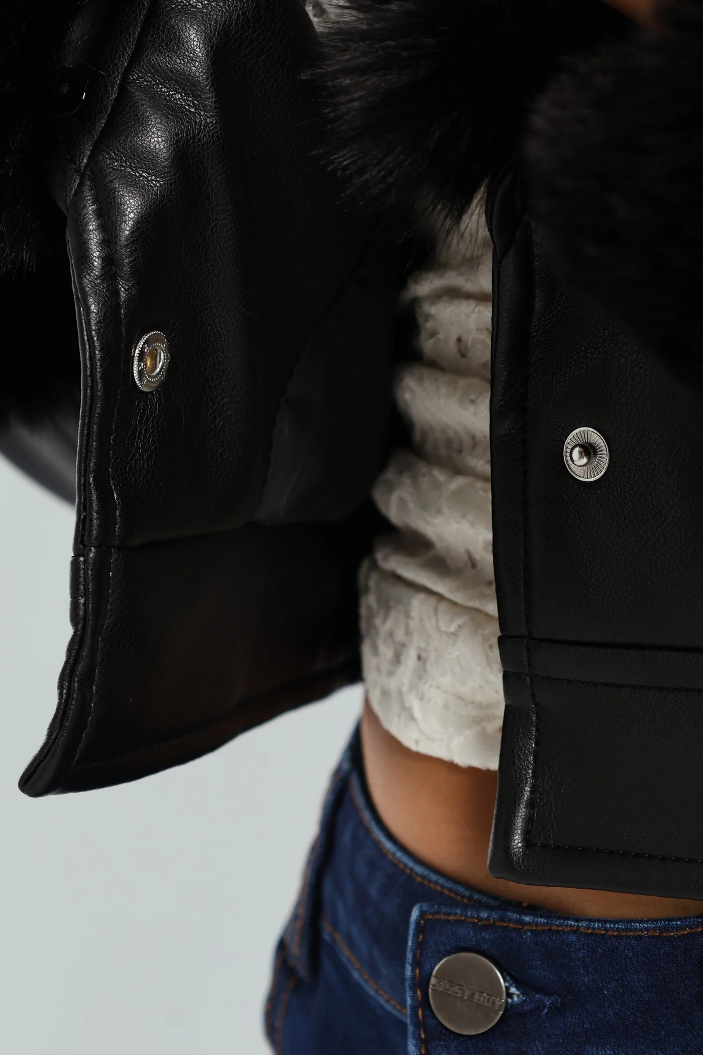 Vikki Faux Leather With Faux Fur Collar Jacket - Black - Image 5