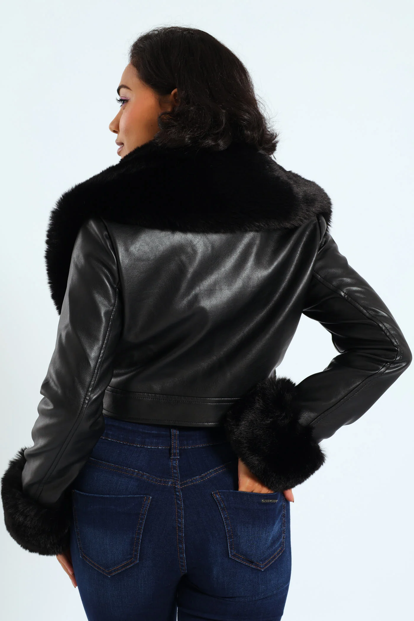 Vikki Faux Leather With Faux Fur Collar Jacket - Black - Image 7