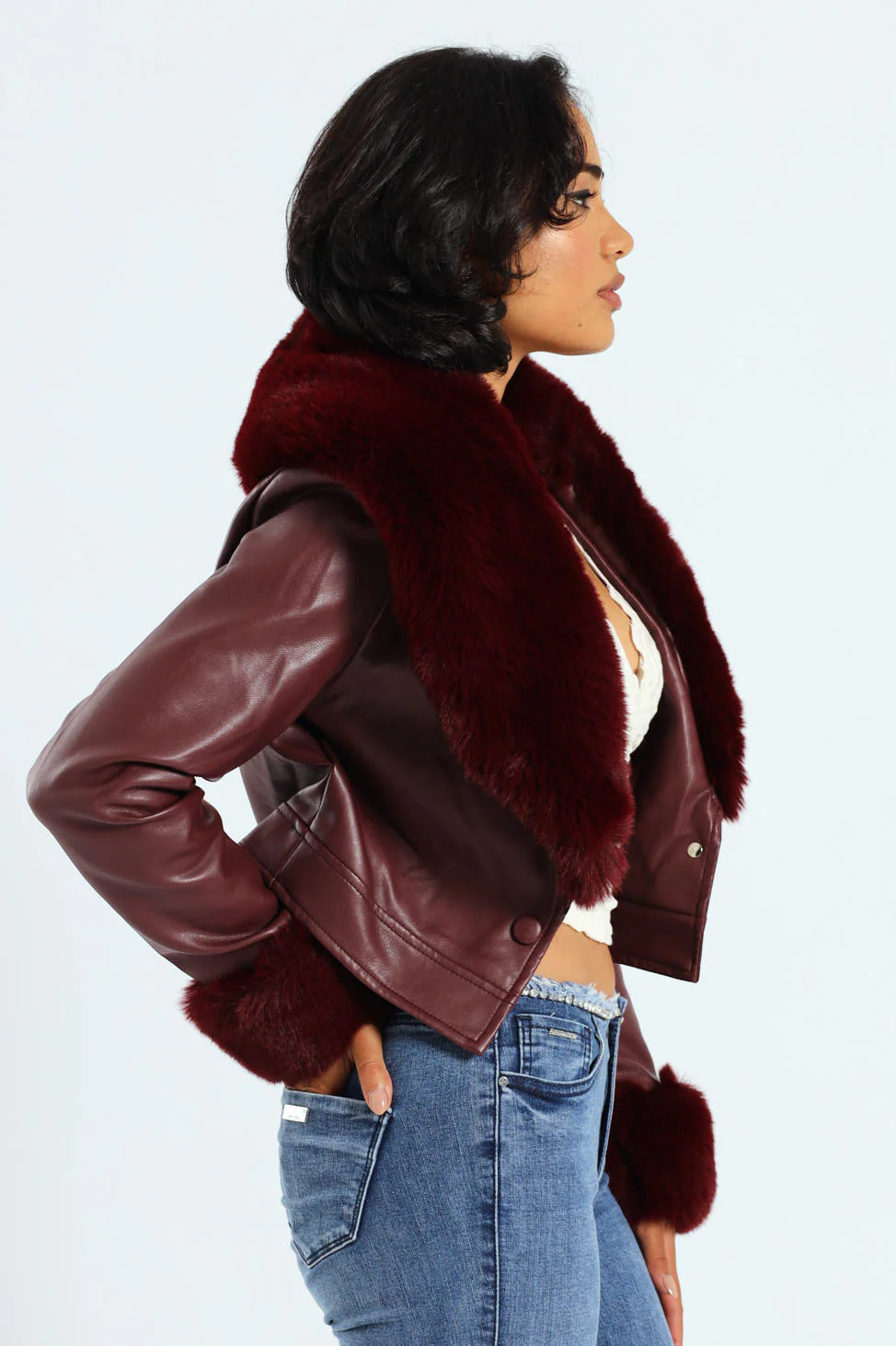 Vikki Faux Leather With Faux Fur Collar Jacket - Burgundy - Image 2