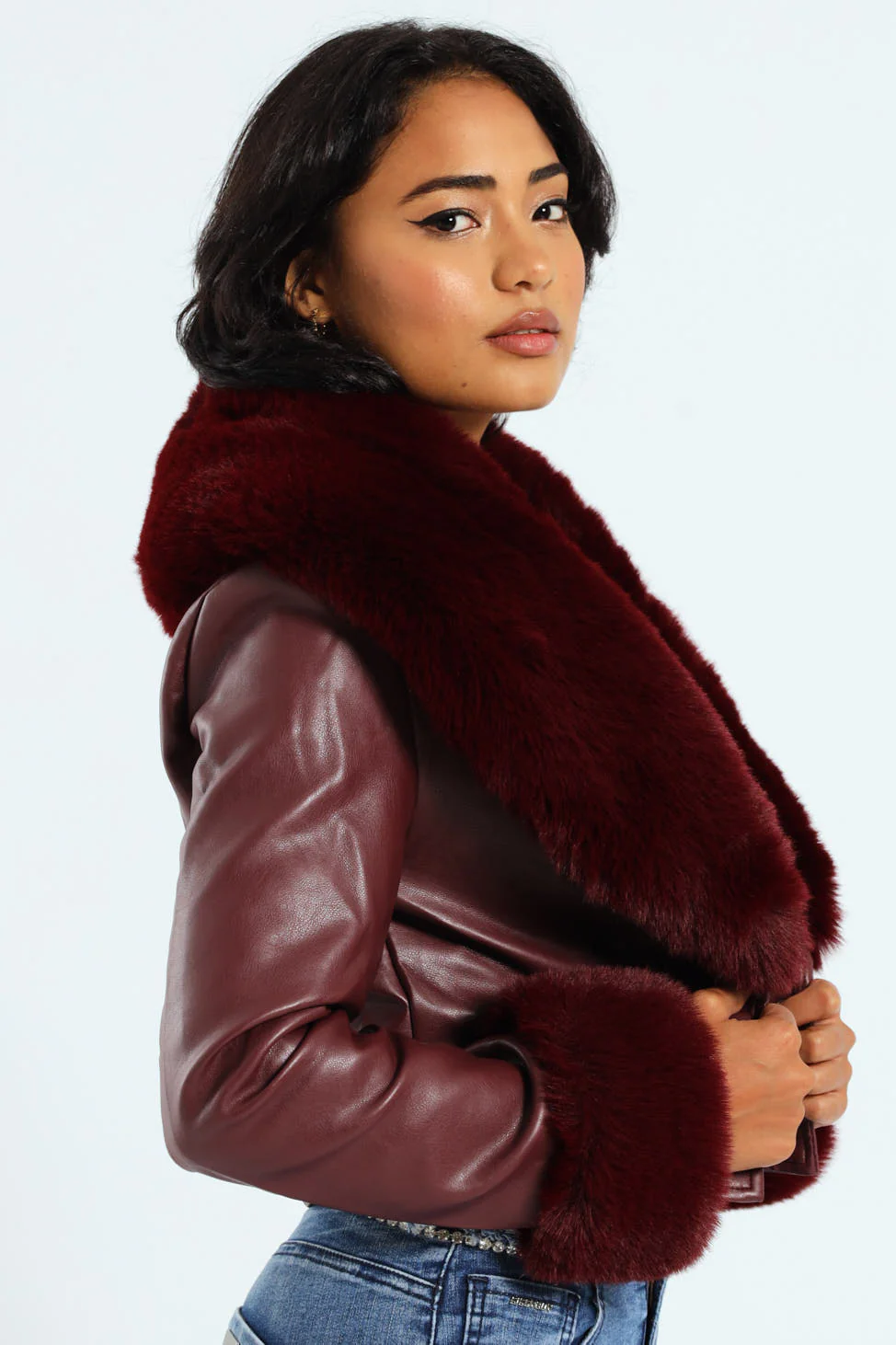 Vikki Faux Leather With Faux Fur Collar Jacket - Burgundy - Image 3
