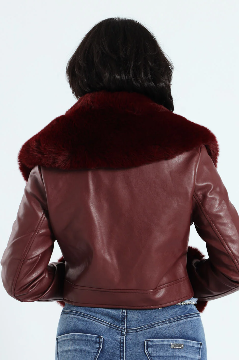 Vikki Faux Leather With Faux Fur Collar Jacket - Burgundy - Image 4