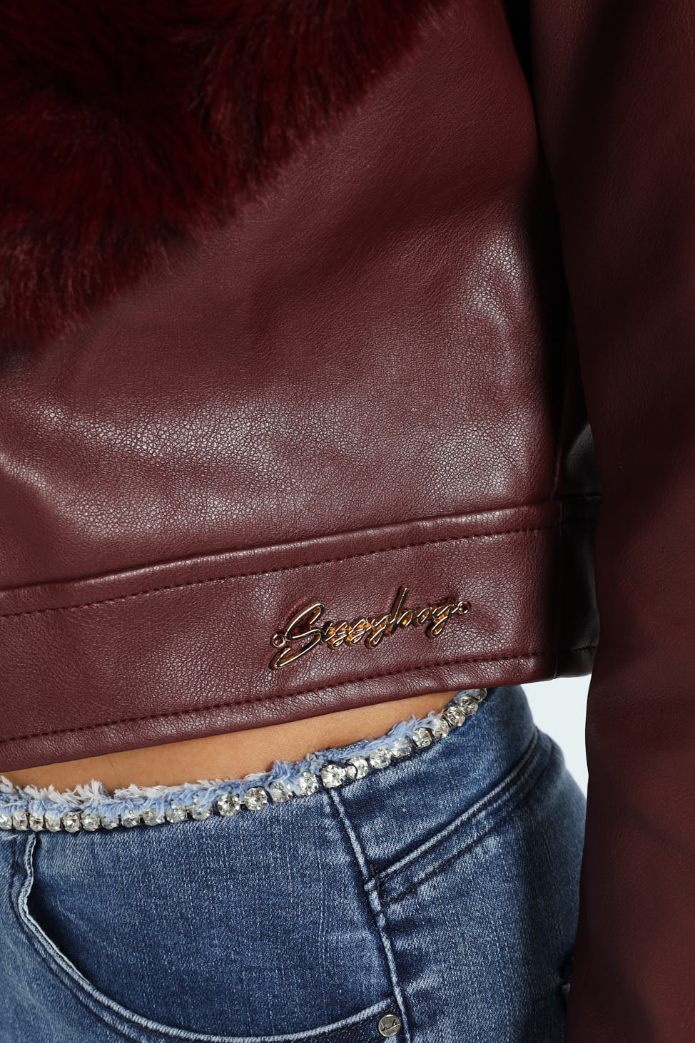 Vikki Faux Leather With Faux Fur Collar Jacket - Burgundy - Image 5