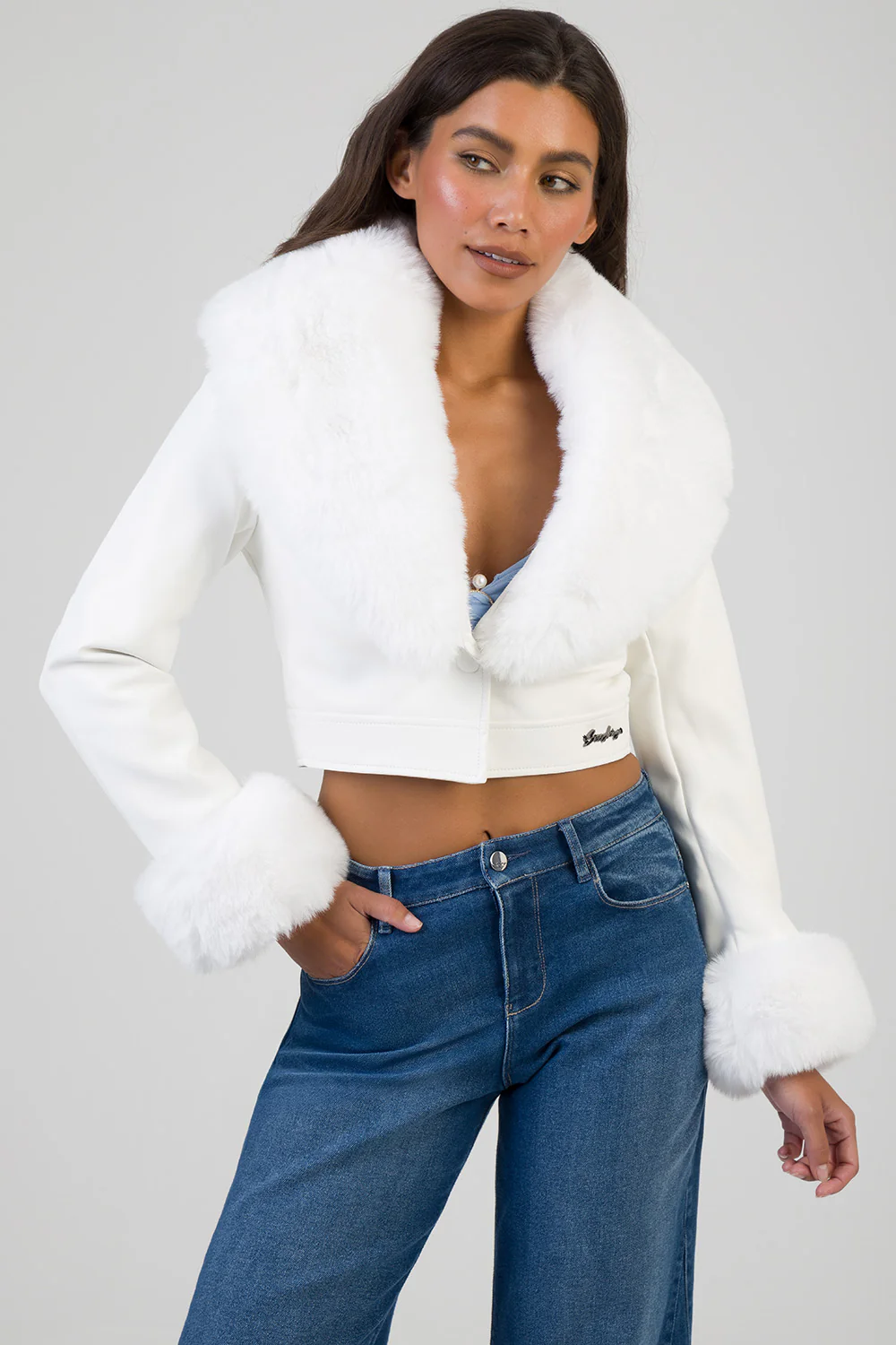 Vikky Faux Fur & Leather Combination Jacket - White - Image 3