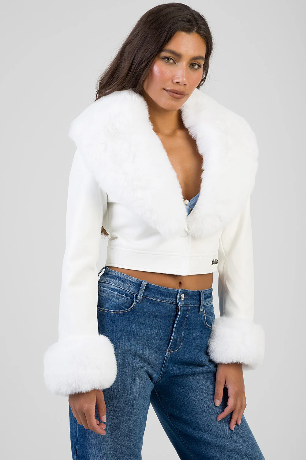 Vikky Faux Fur & Leather Combination Jacket - White - Image 5