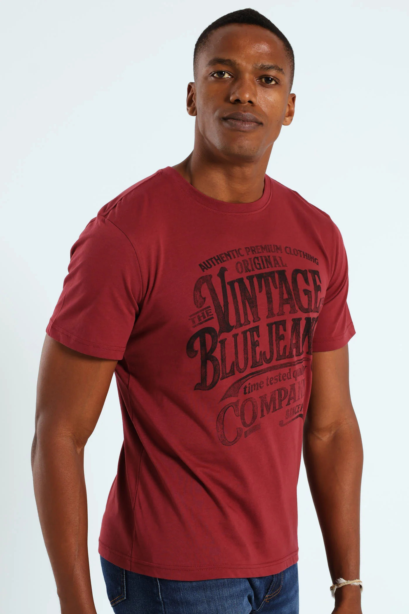 Vintage Blue Jeans Tee - Burgundy - Image 3
