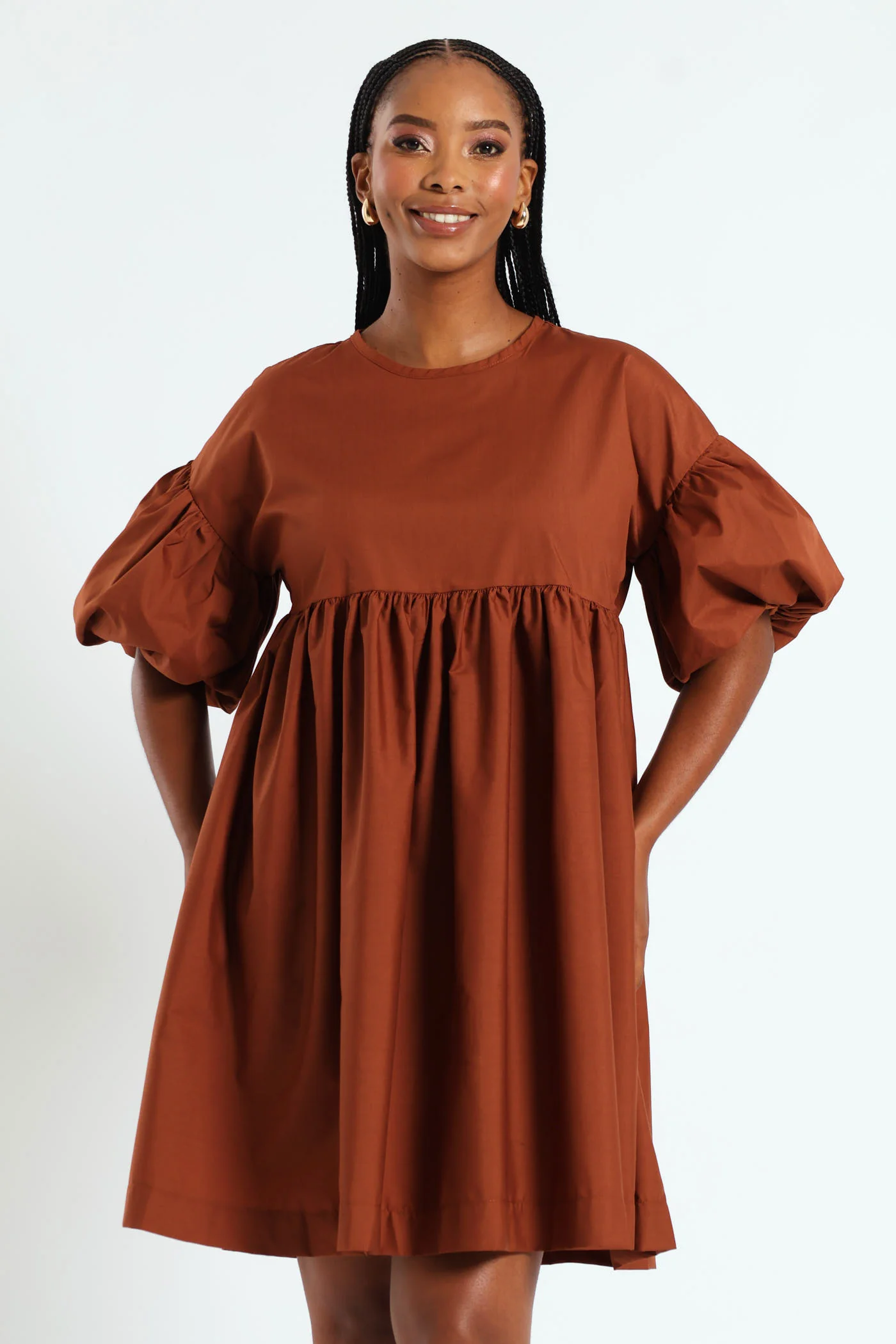 Volume Sleeve Poplin Mini Dress - Rust - Image 2