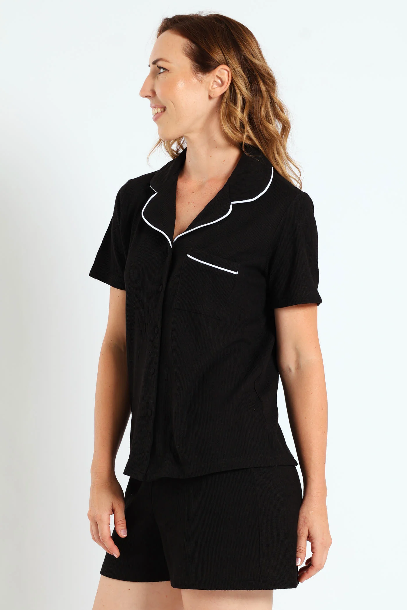 Waffle Button Through & Short Set - Black - Image 2