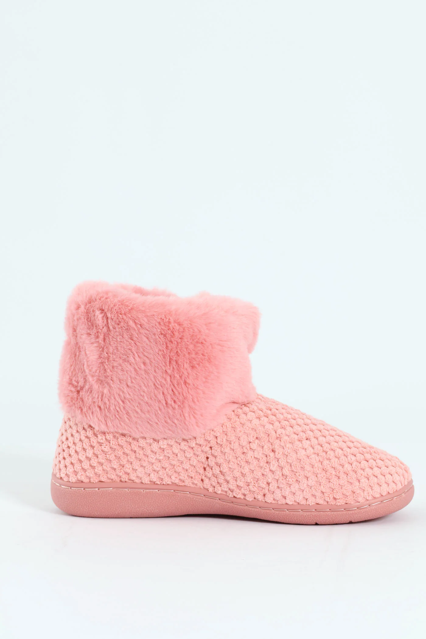 Waffle Knit Slipper Bootie With Fur - Blush - Image 3