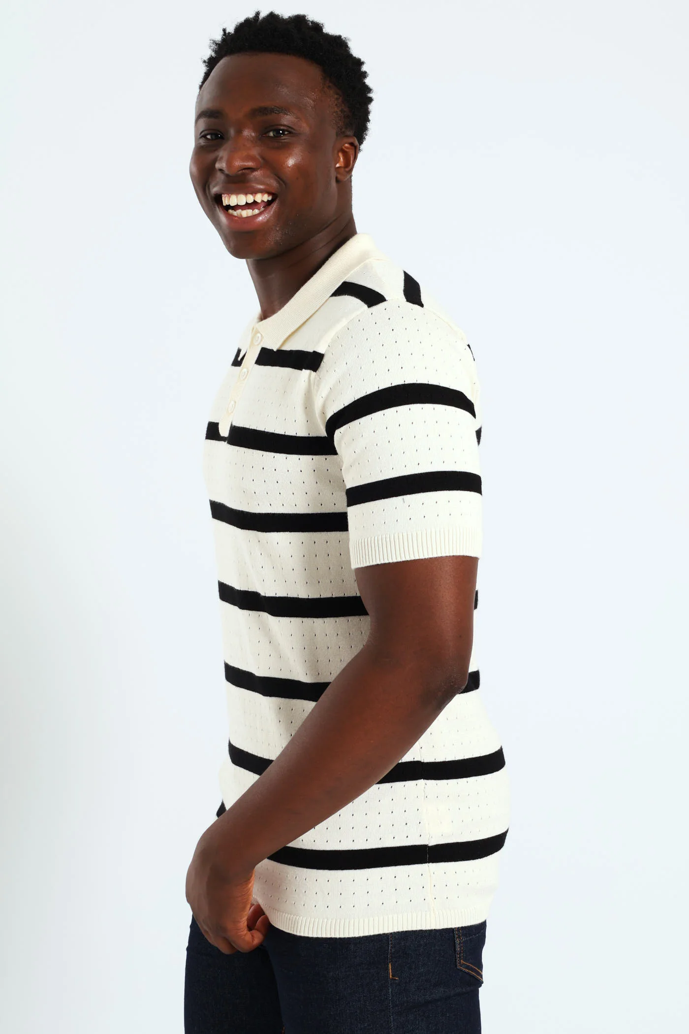 Waffle Stripe Fine Gauge Golfer - Off White - Image 2