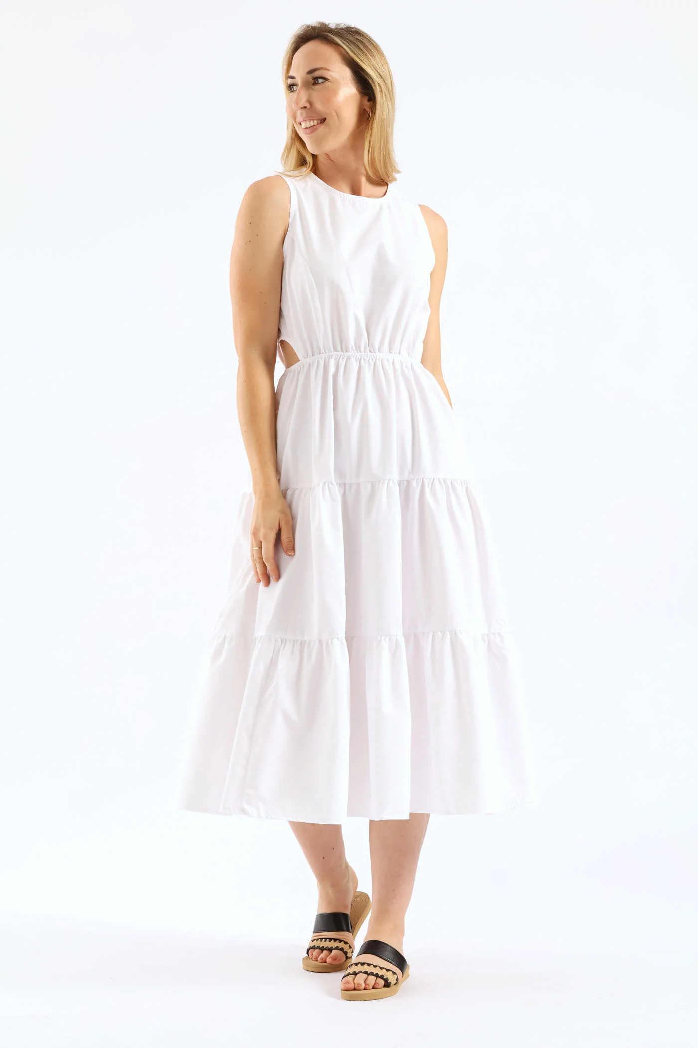 Waist Cut Out Tiered Poplin Midi Dress - White - Image 5
