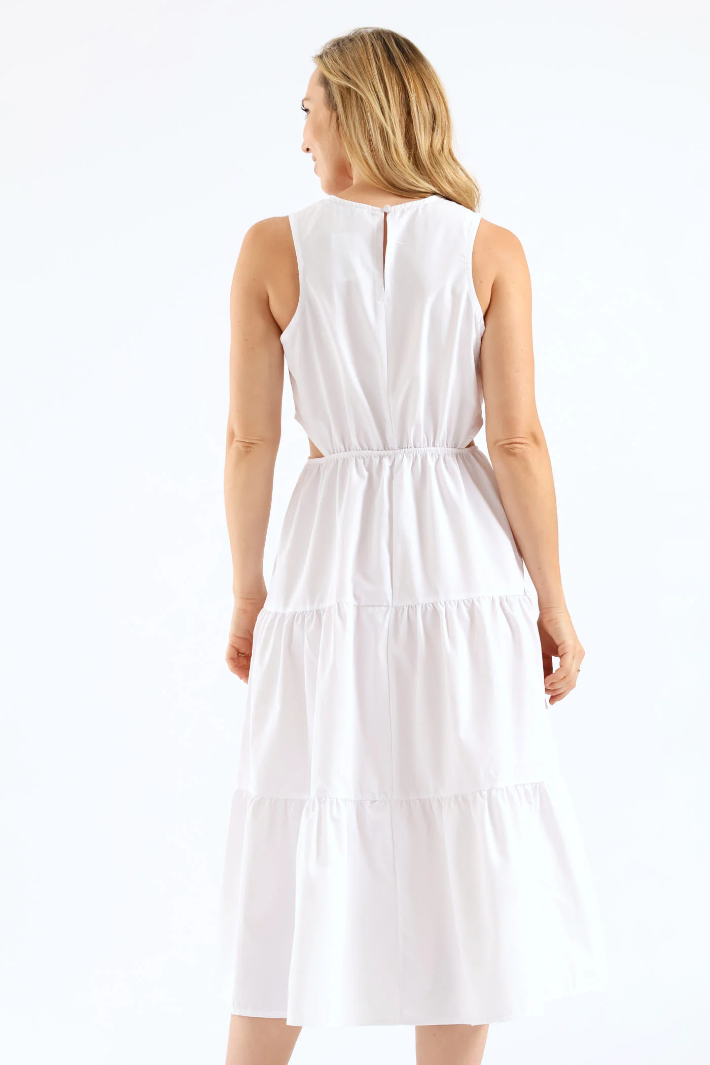 Waist Cut Out Tiered Poplin Midi Dress - White - Image 6