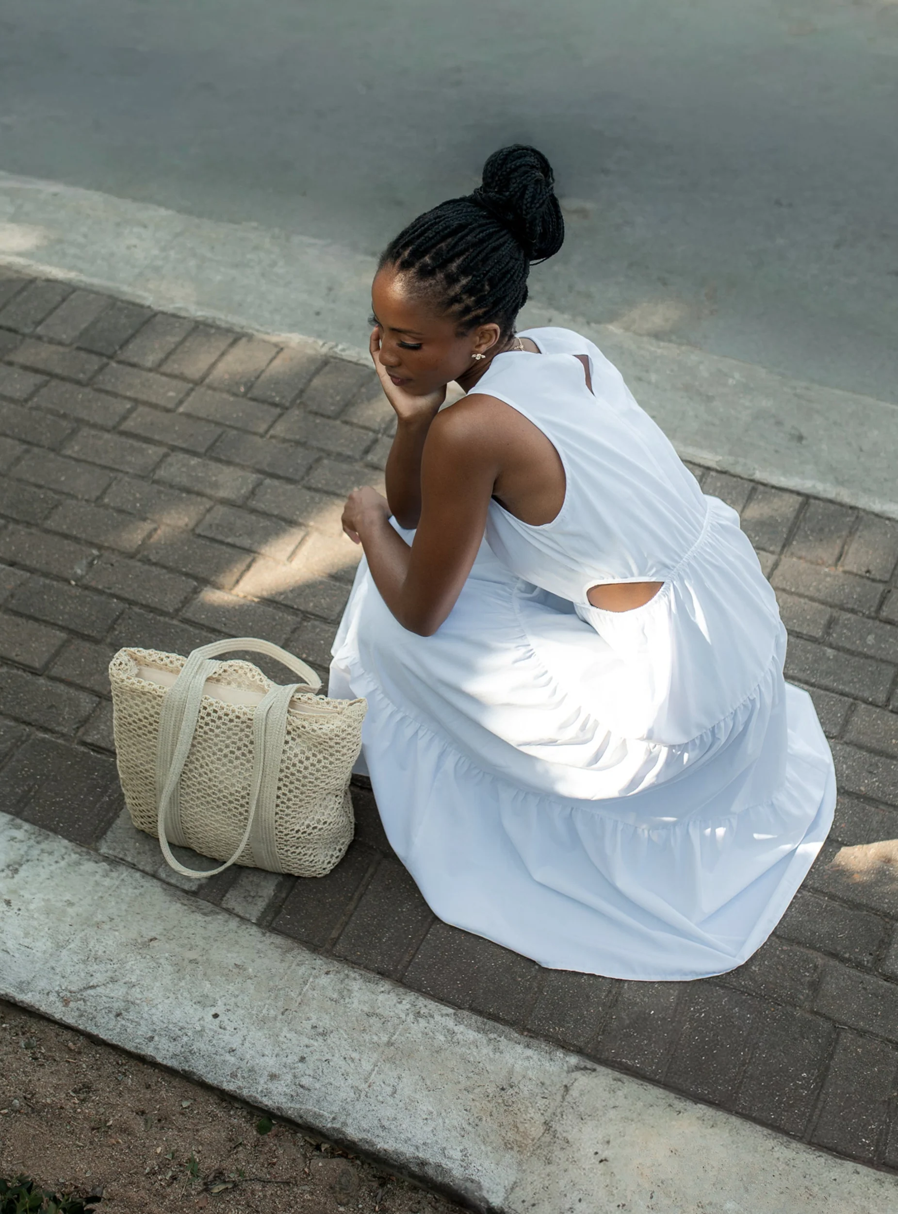 Waist Cut Out Tiered Poplin Midi Dress - White - Image 8