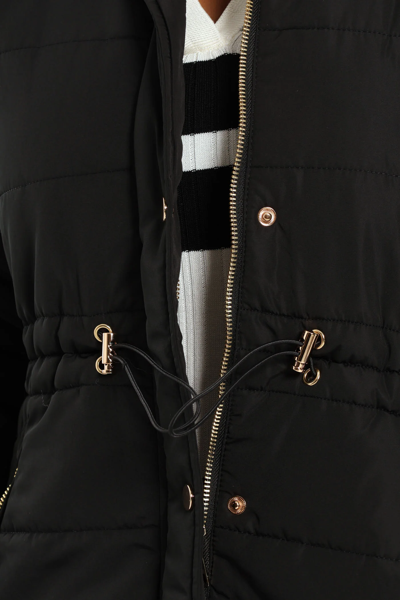 Waisted Quilted Parka Puffer Jacket - Black - Image 2