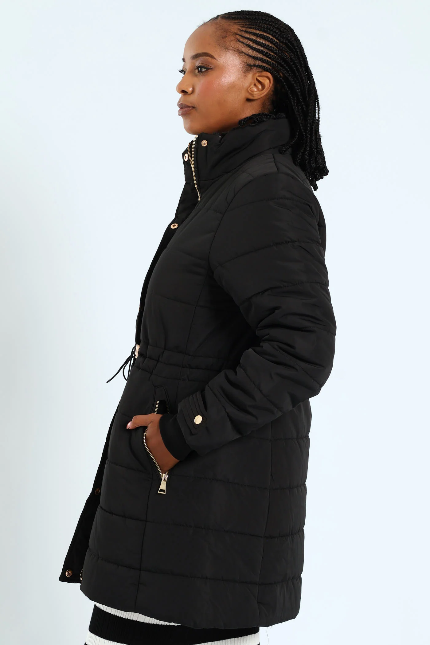 Waisted Quilted Parka Puffer Jacket - Black - Image 5