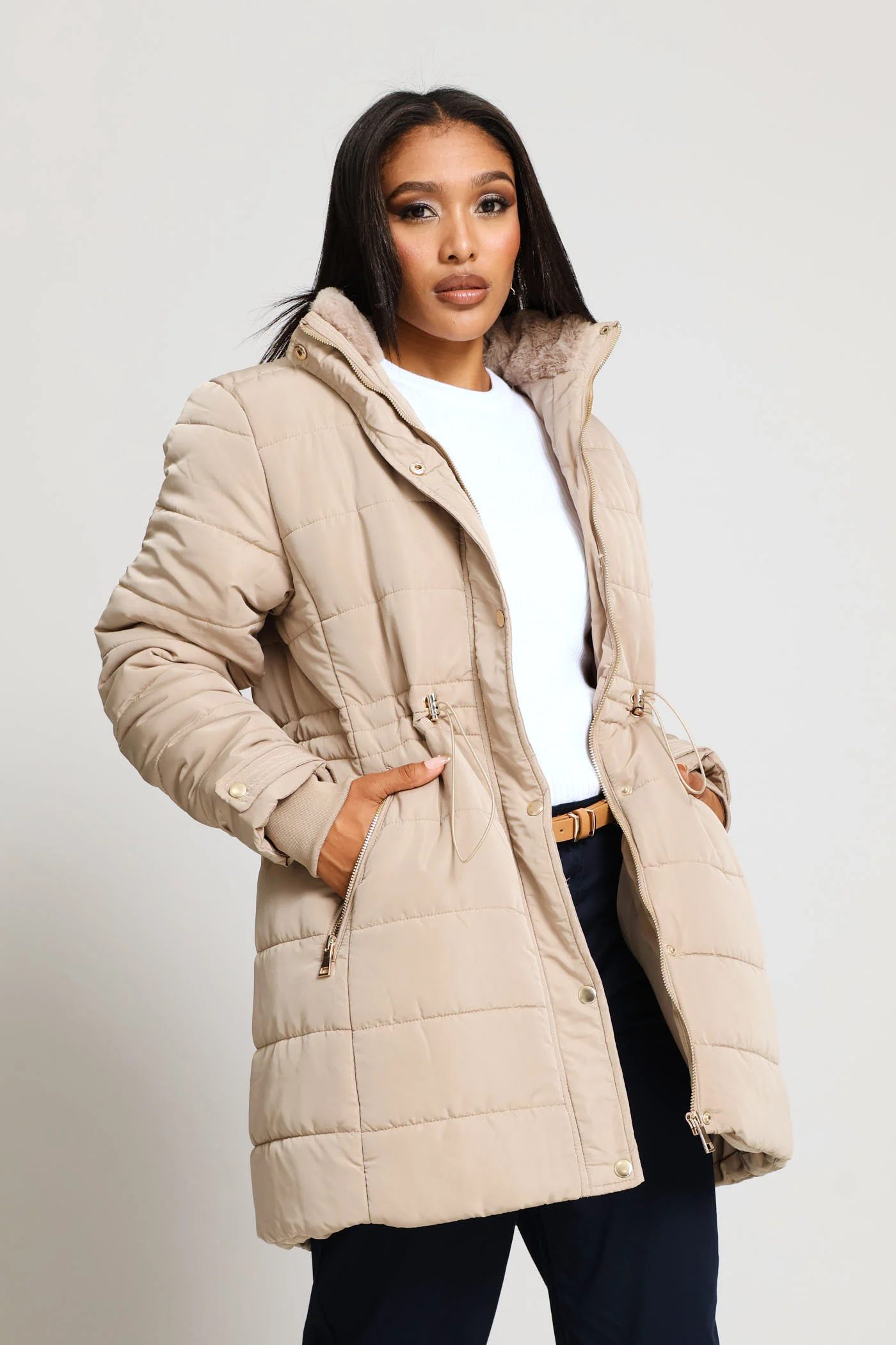Waisted Quilted Parka Puffer Jacket - Dark Beige - Image 2