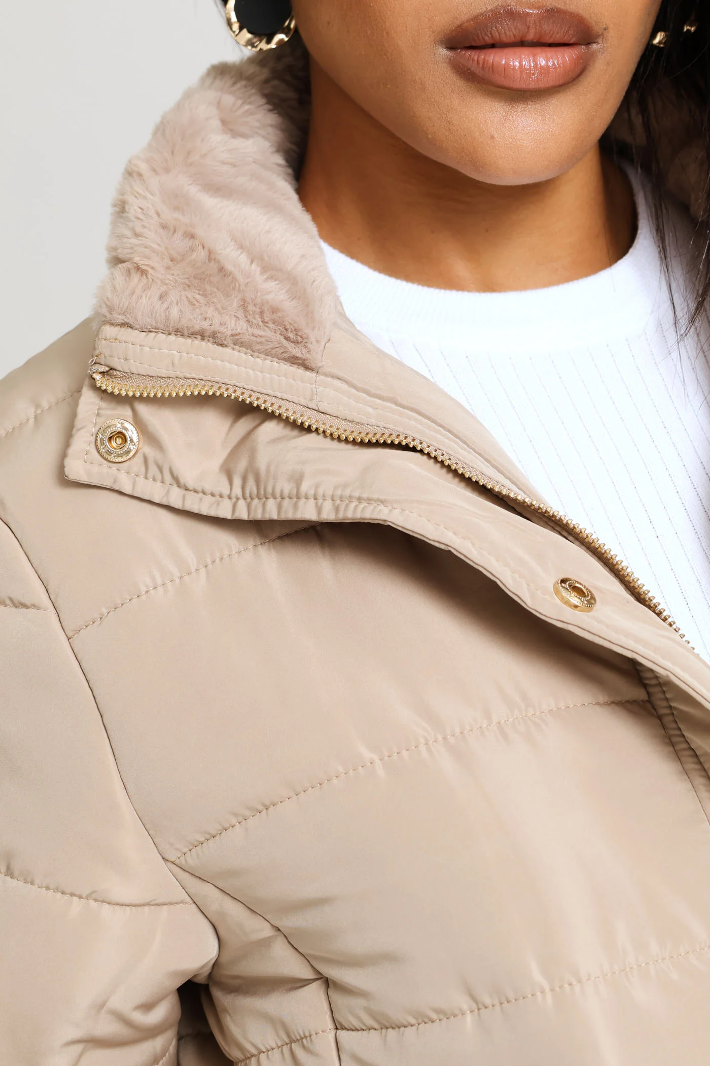 Waisted Quilted Parka Puffer Jacket - Dark Beige - Image 3