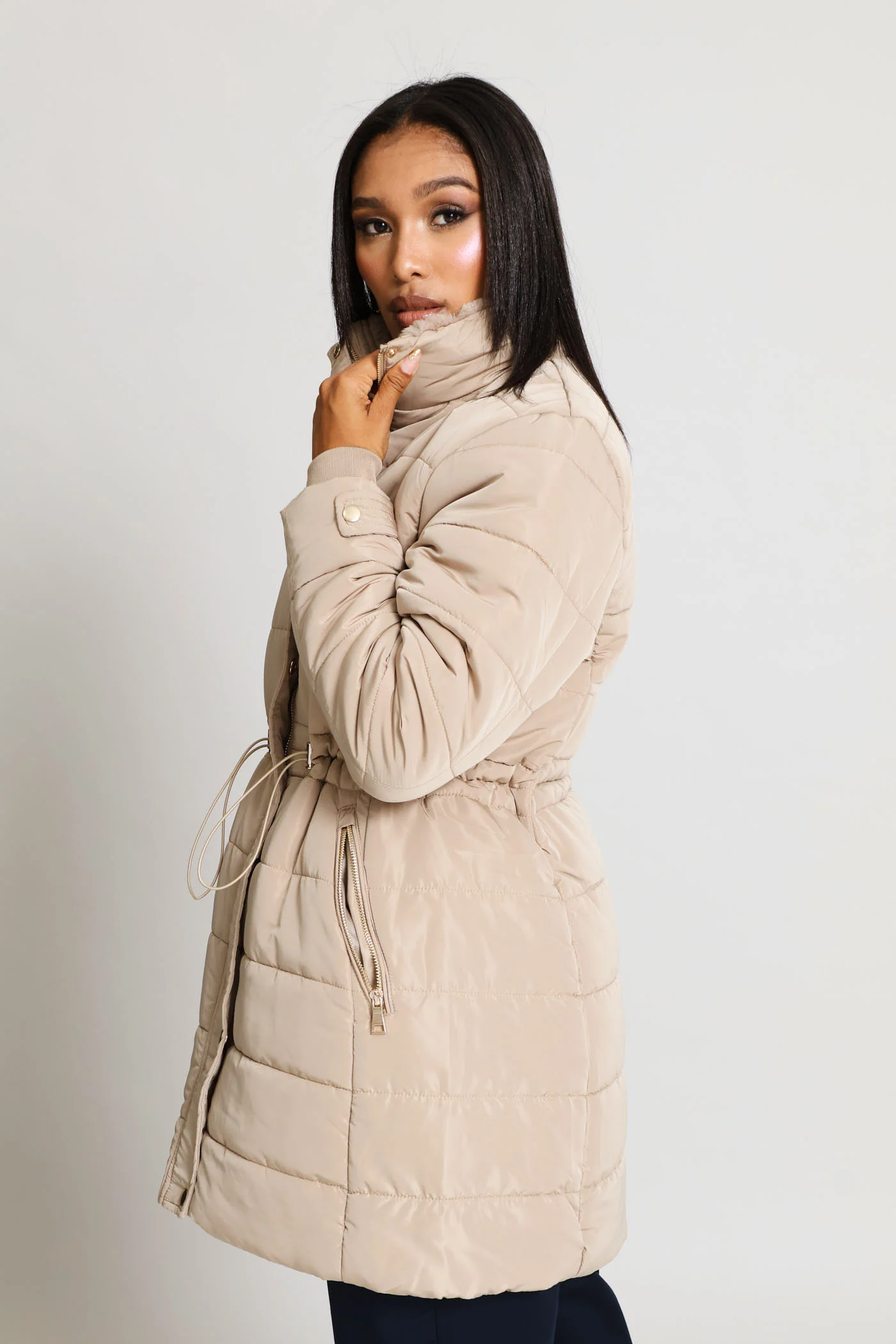 Waisted Quilted Parka Puffer Jacket - Dark Beige - Image 4