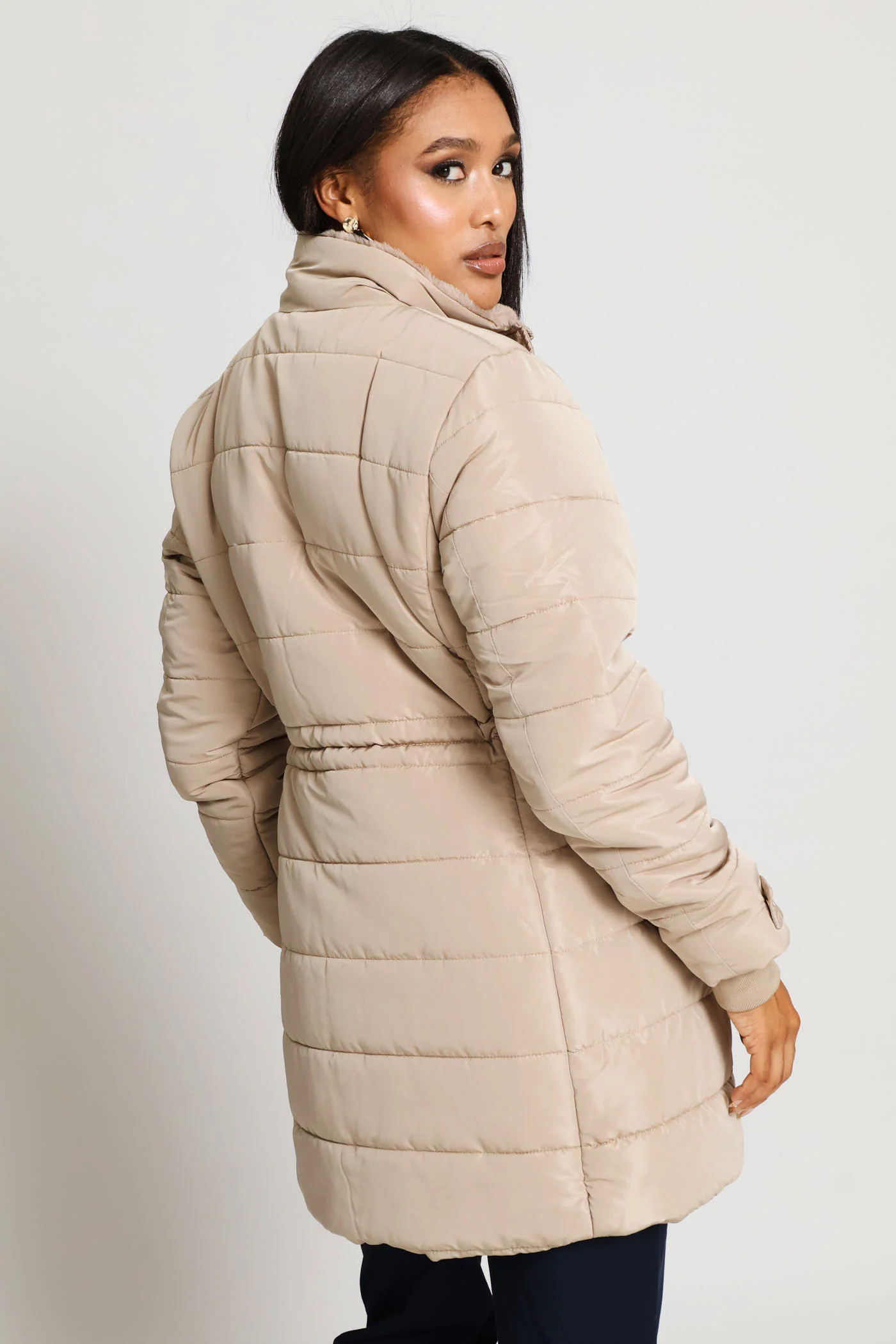 Waisted Quilted Parka Puffer Jacket - Dark Beige - Image 5