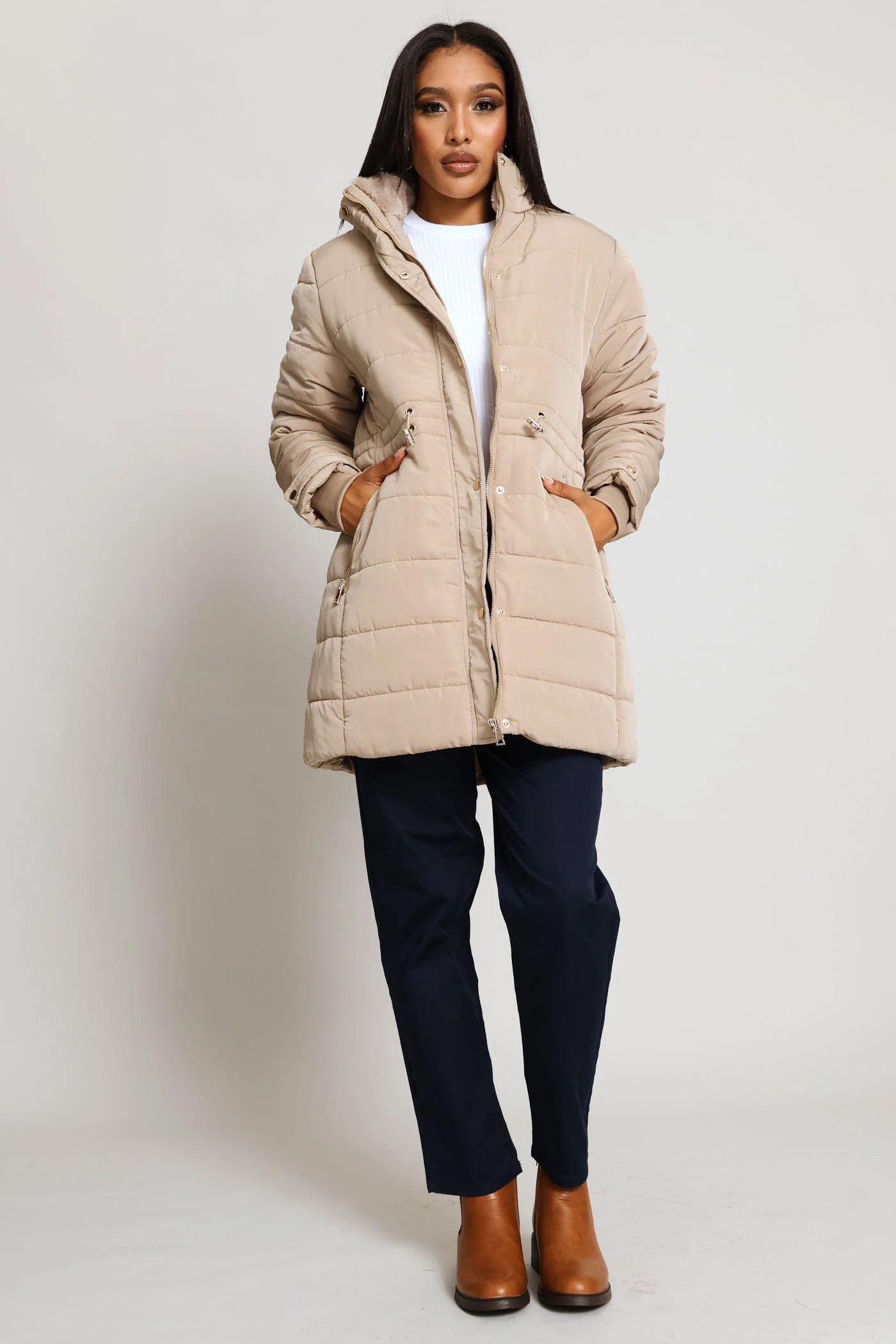 Waisted Quilted Parka Puffer Jacket - Dark Beige - Image 8